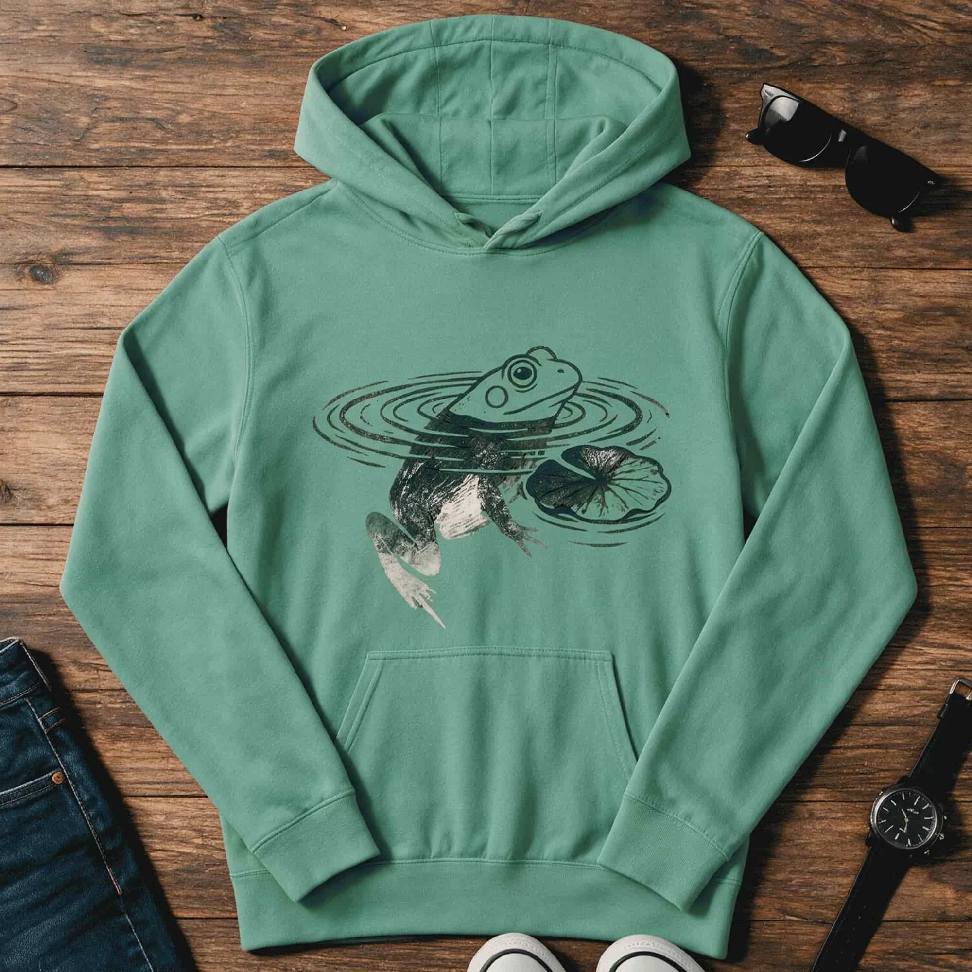 Frog Lily Pad Block Print Unisex Garment-Dyed Hoodie