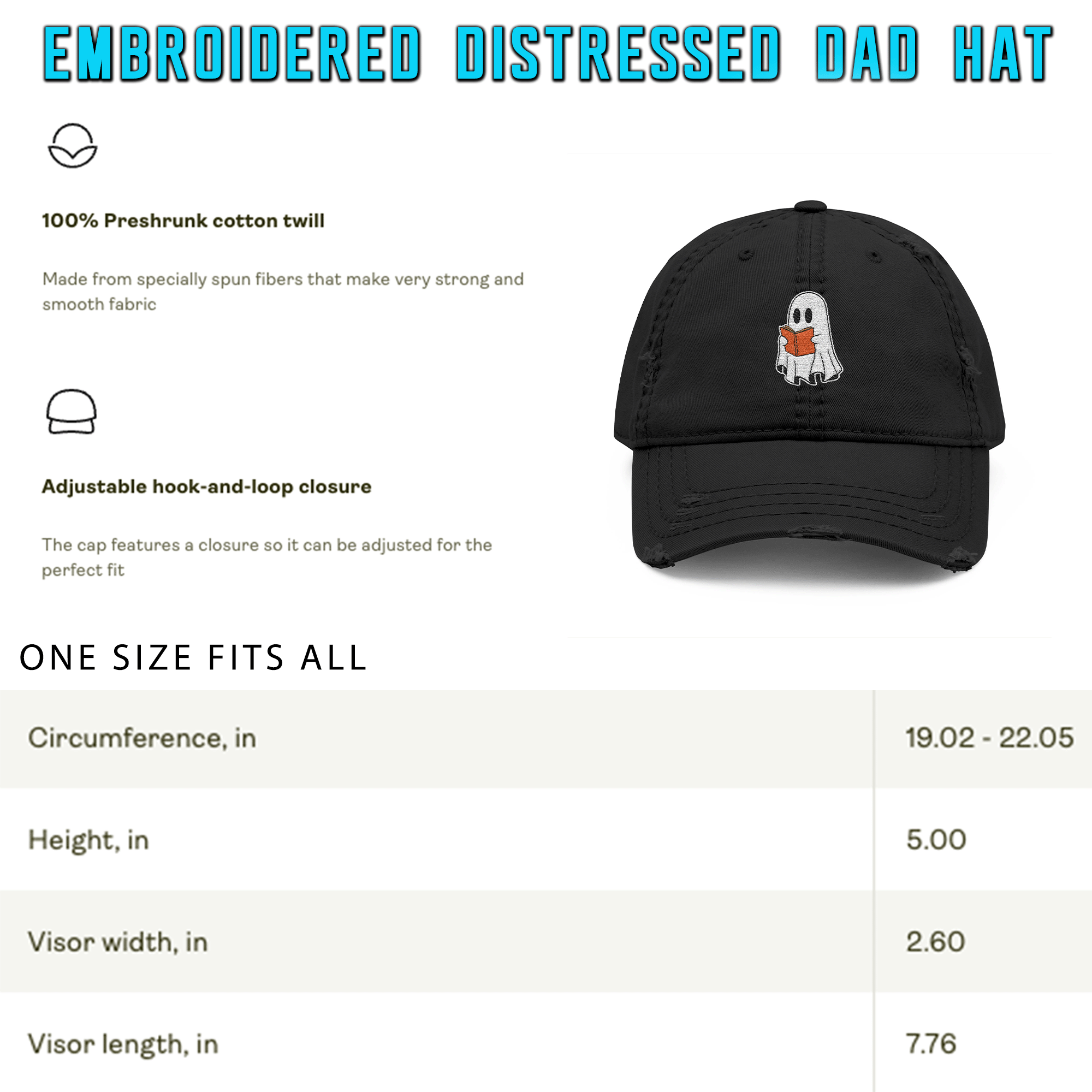 Embroidered Halloween Ghost Reading Book Distressed Dad Hat
