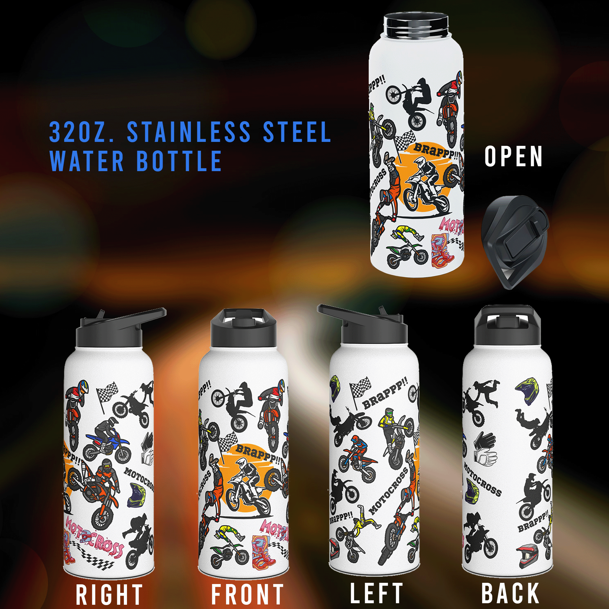 Motocross 32oz Stainless Steel Sports Bottle