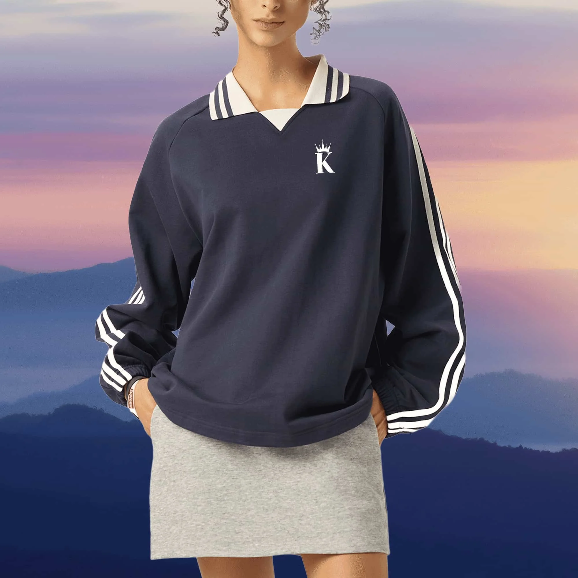 KING Contrast Striped Lapel Collar Sweatshirt