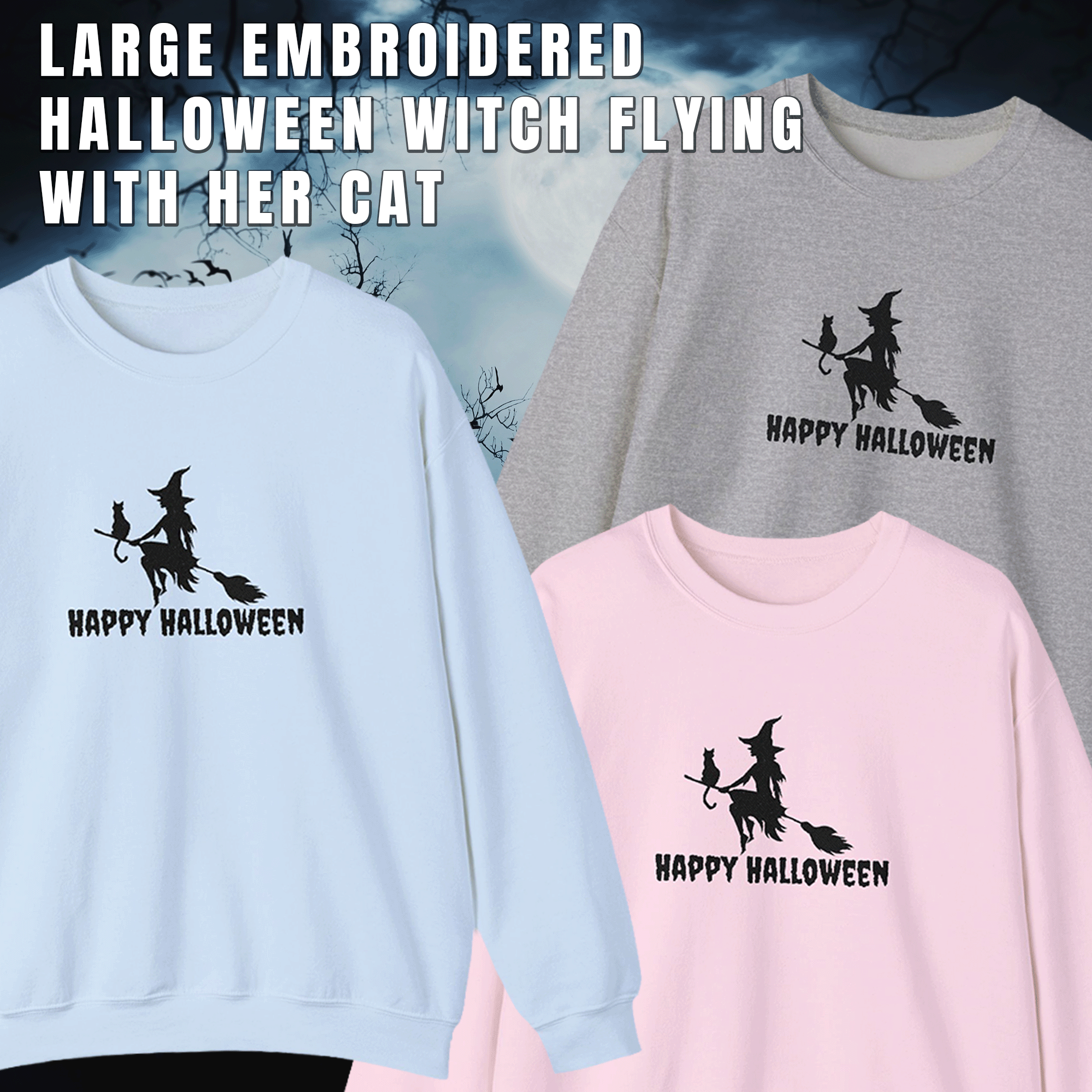 Embroidered Halloween Witch and Cat Silhouette Crewneck
