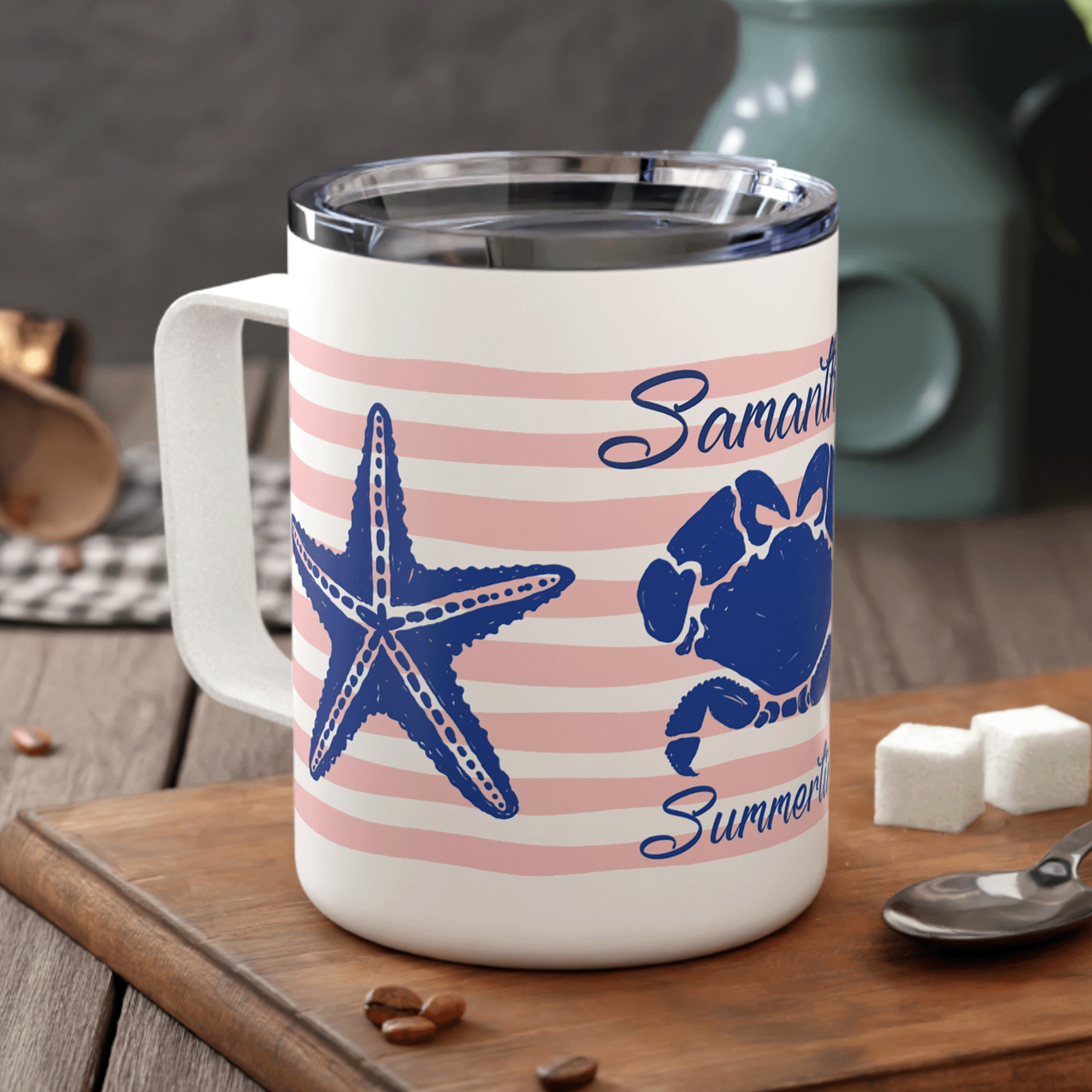 Personalized Nautical Crab & Seashell Insulated Coffee Mug