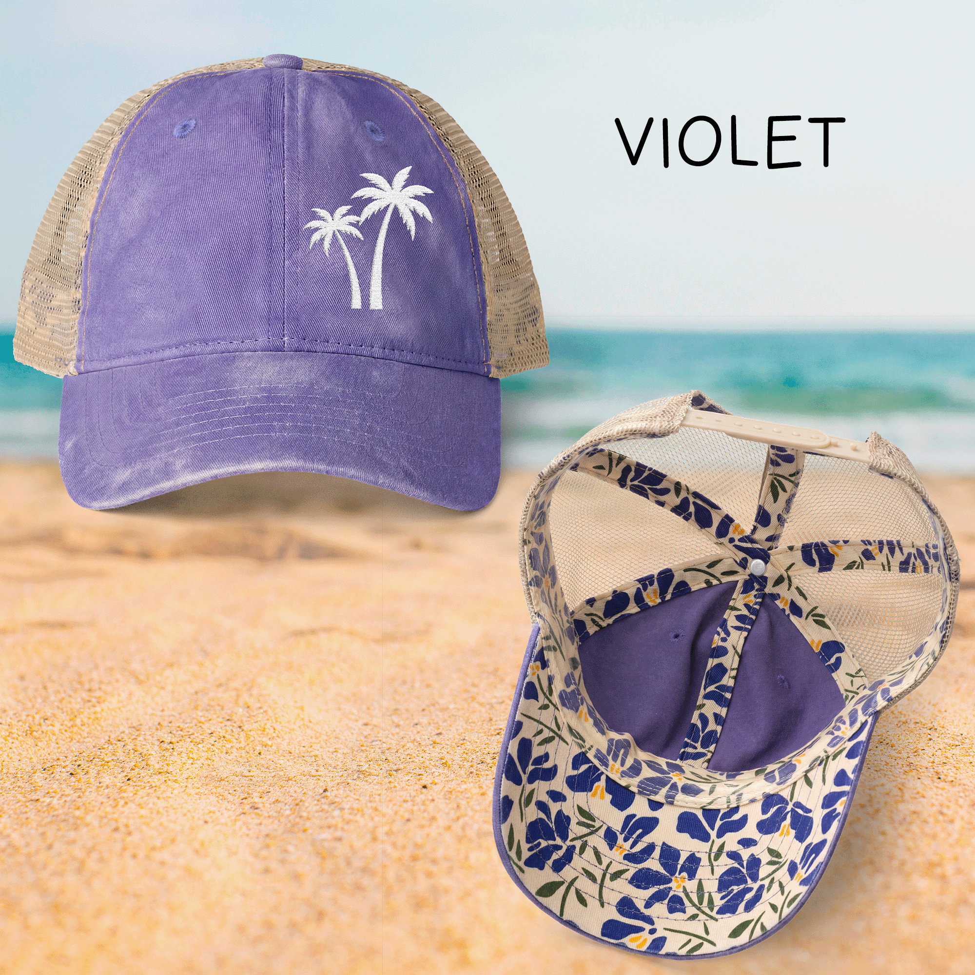 Embroidered White Palm Trees TESS Cap