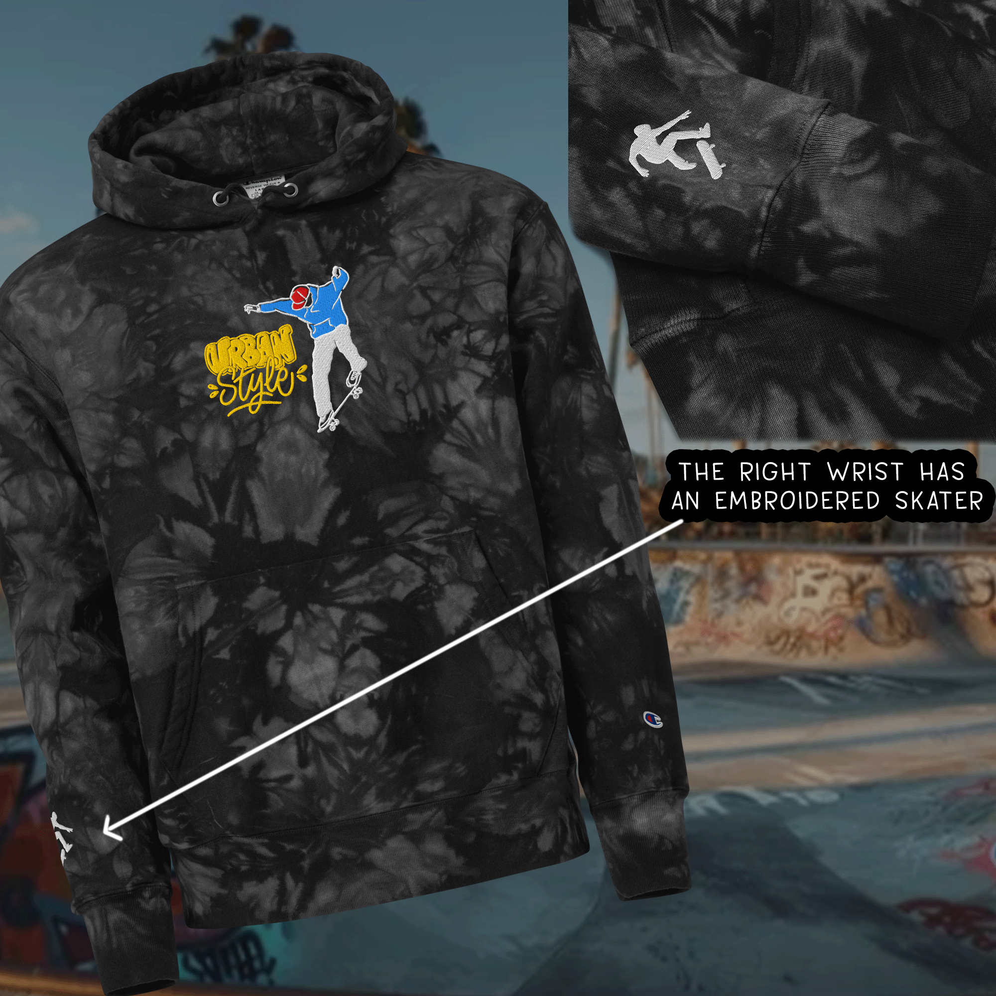 Embroidered Skateboarding Tie-dye Champion Hoodie
