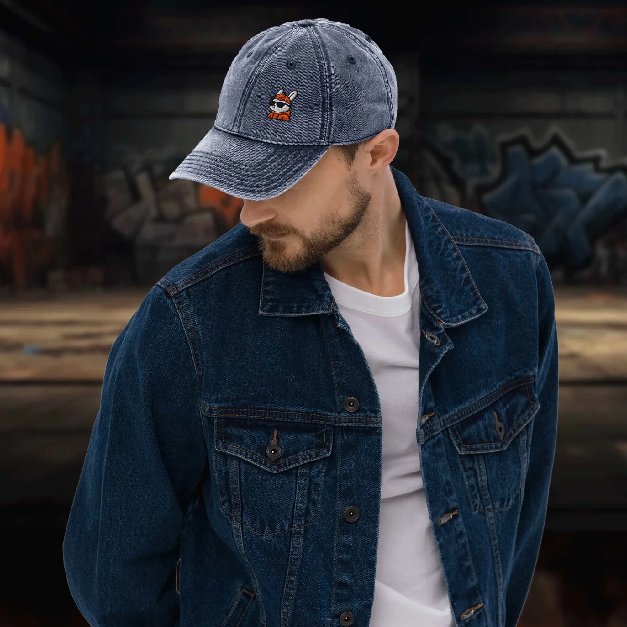 Embroidered Orange Rabbit Vintage Cotton Twill Cap