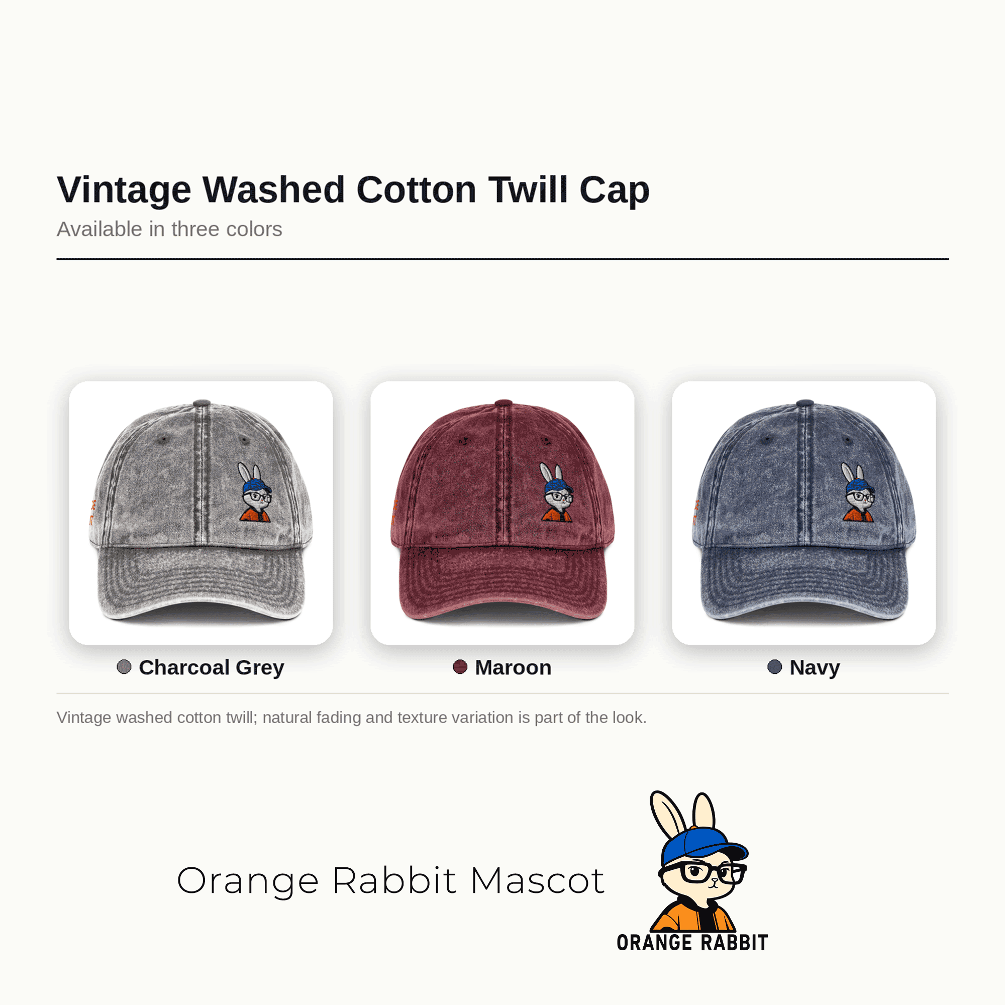 Embroidered Orange Rabbit Vintage Washed Cotton Twill Cap