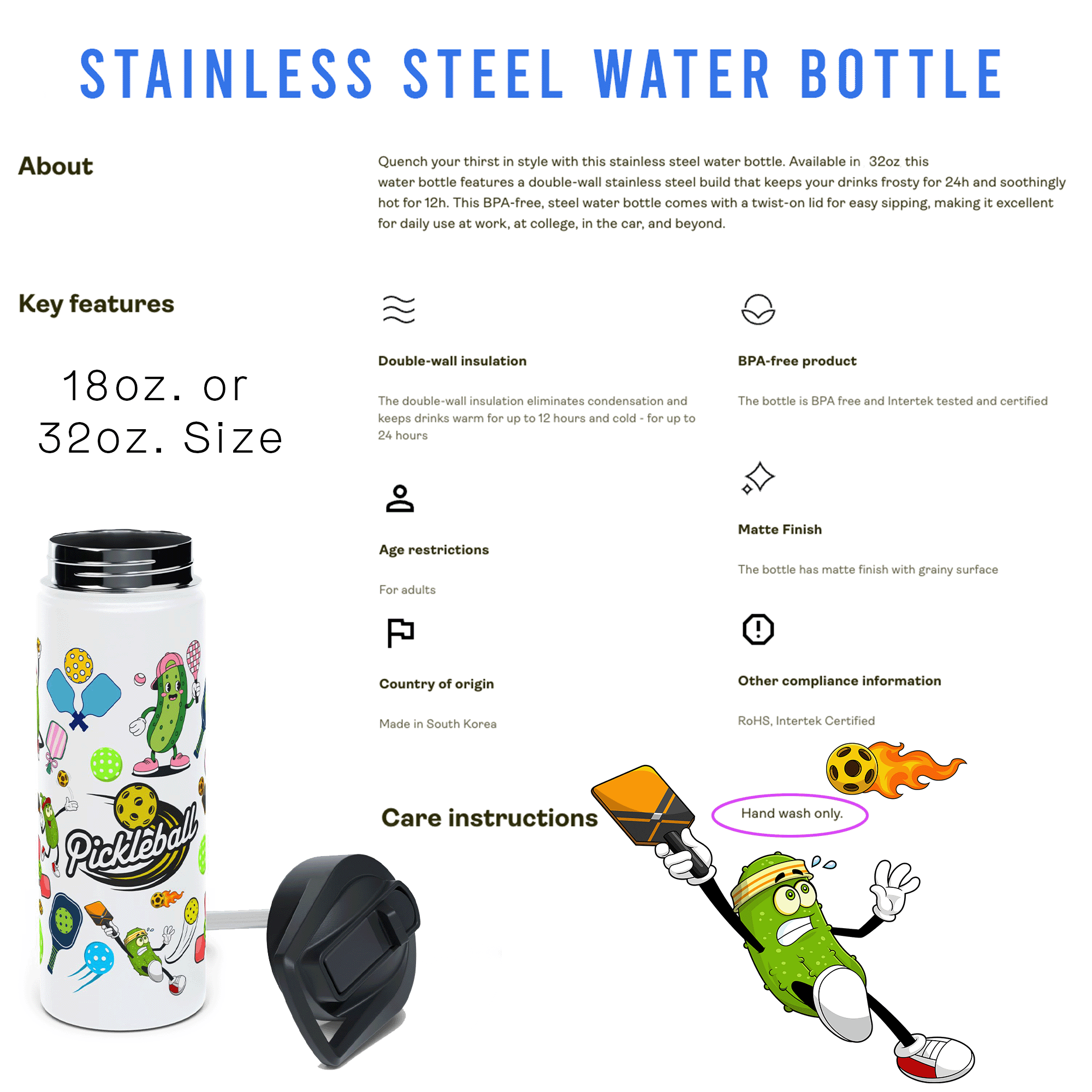 Pickleball Stainless Steel Water Bottle