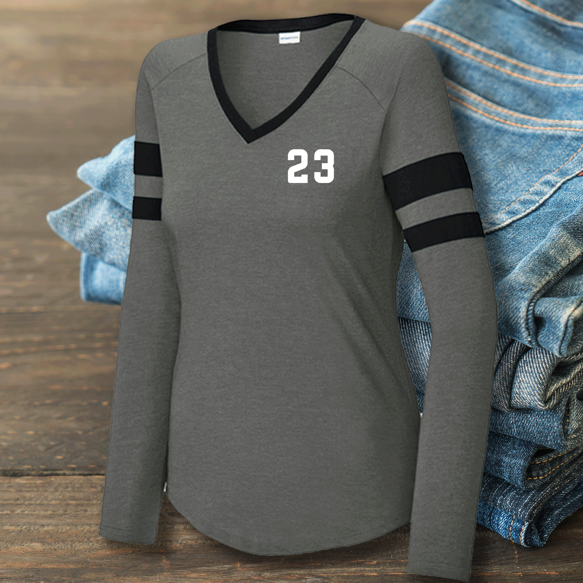 Personalized Women's Lucky Number Halftime Stripe V-Neck Long Sleeve Tee