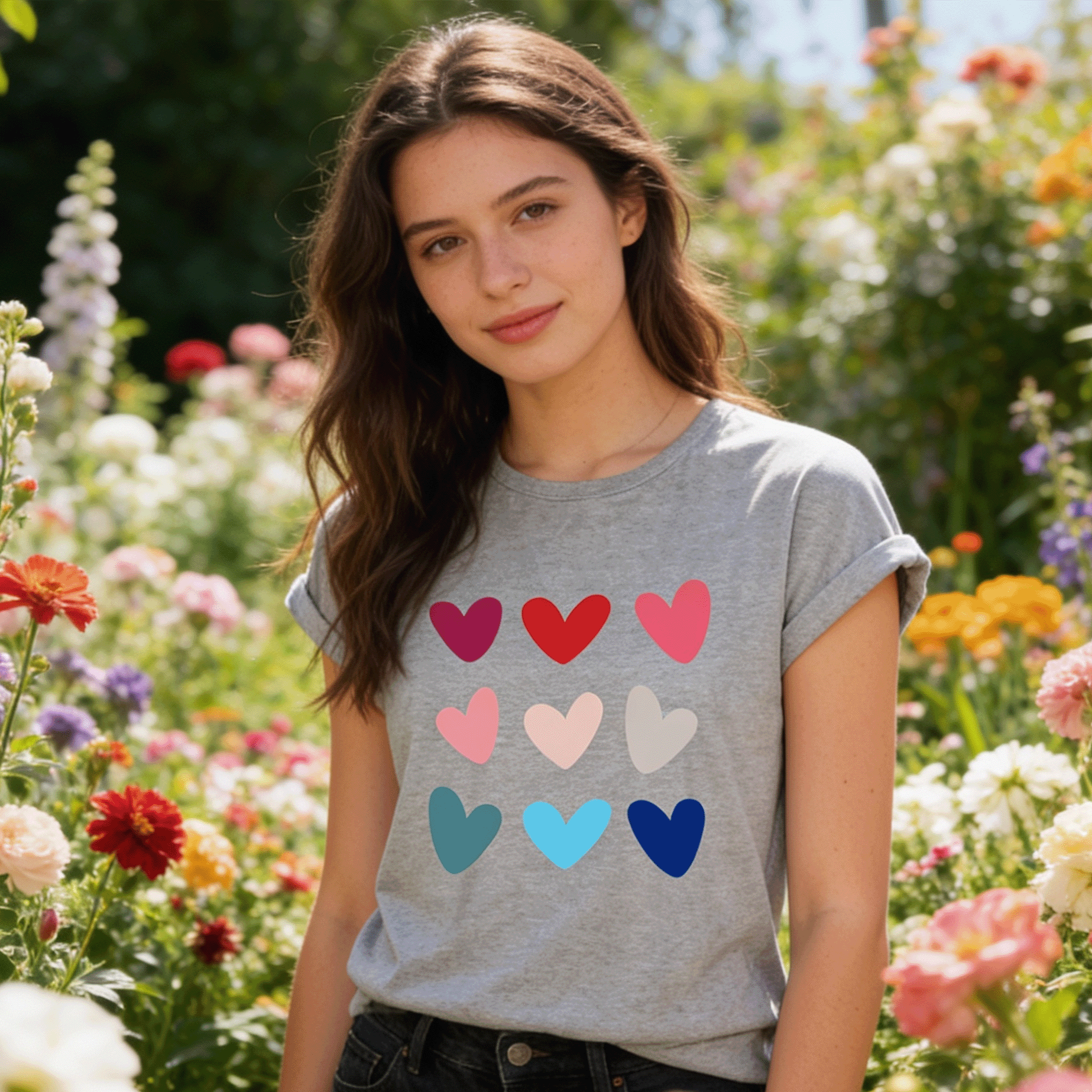 Women's Colored Hearts Roll Cuff T-Shirt