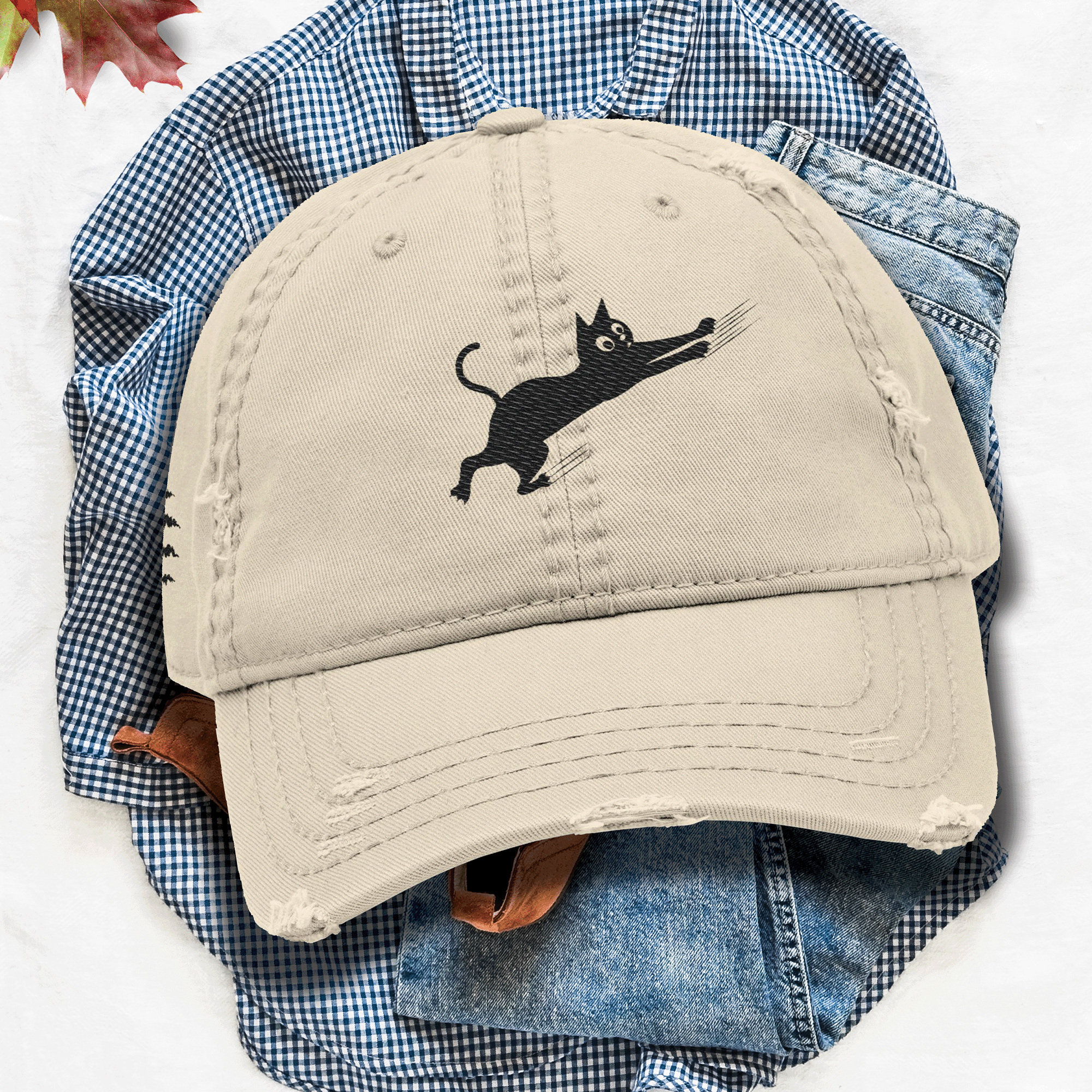 Embroidered Cat Clawing Distressed Dad Hat