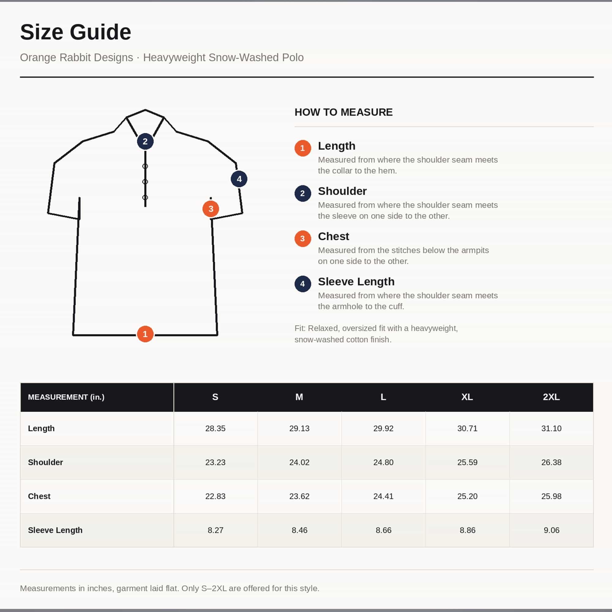 Orange Rabbit Sizing chart