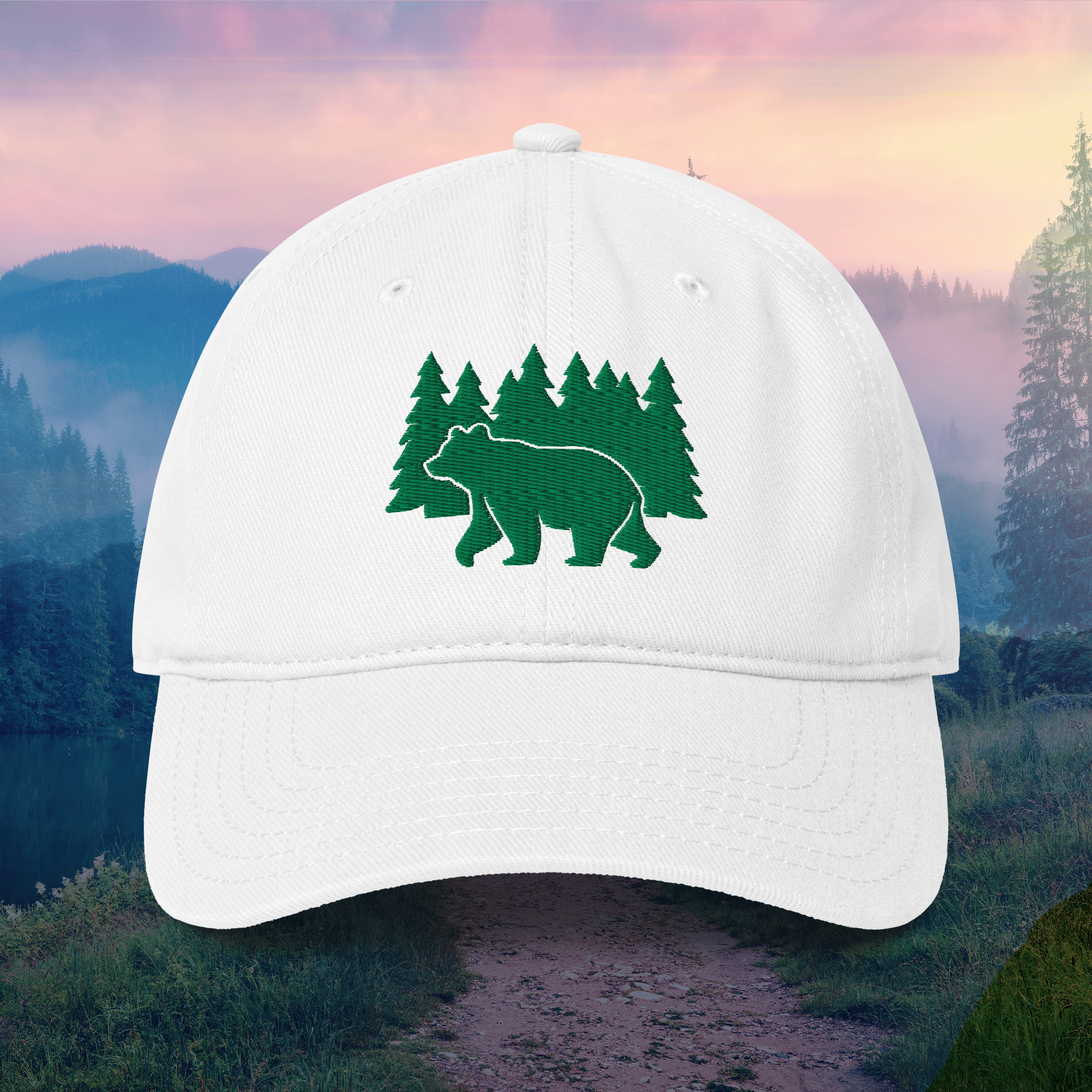 Embroidered Bear and Green Trees Low-profile Cap