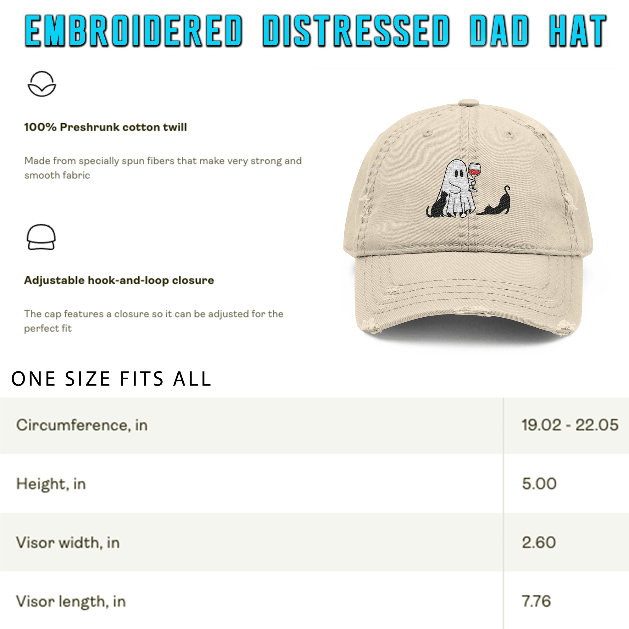Embroidered Halloween Ghost Drinking Wine Distressed Dad Hat