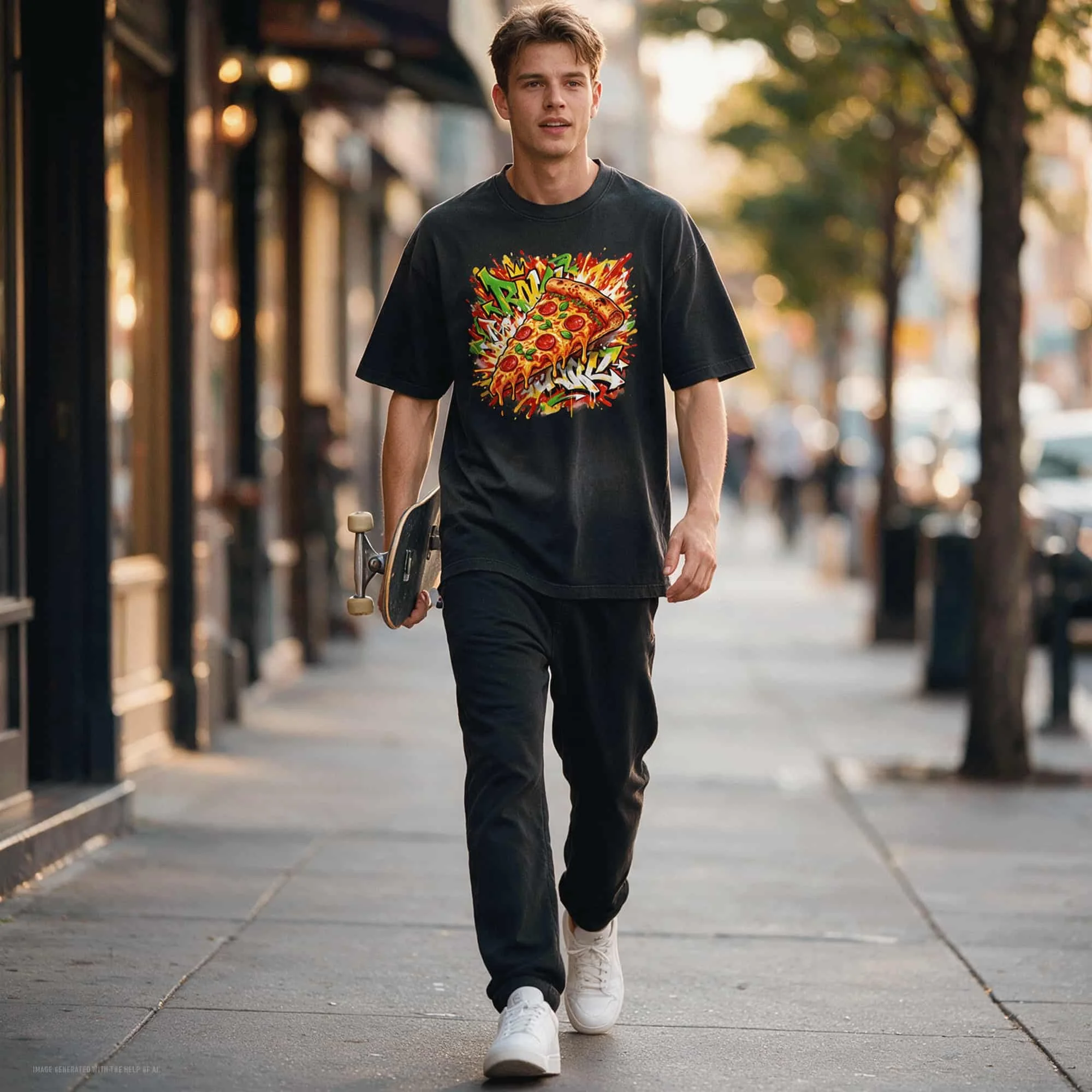 Pizza Graffiti Sun Faded Hand-Frayed Cotton T-Shirt