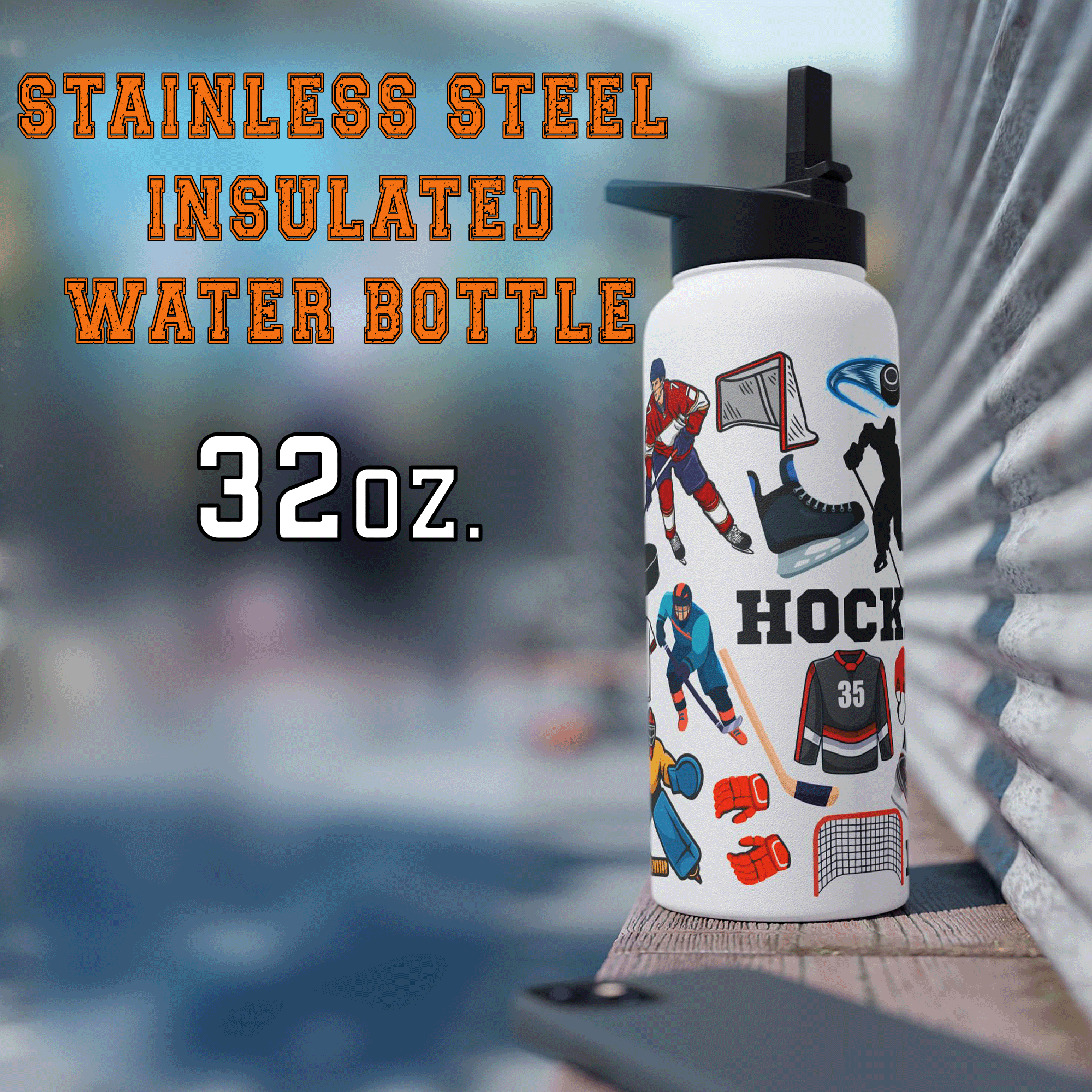 Hockey Stainless Steel 32oz Water Bottle