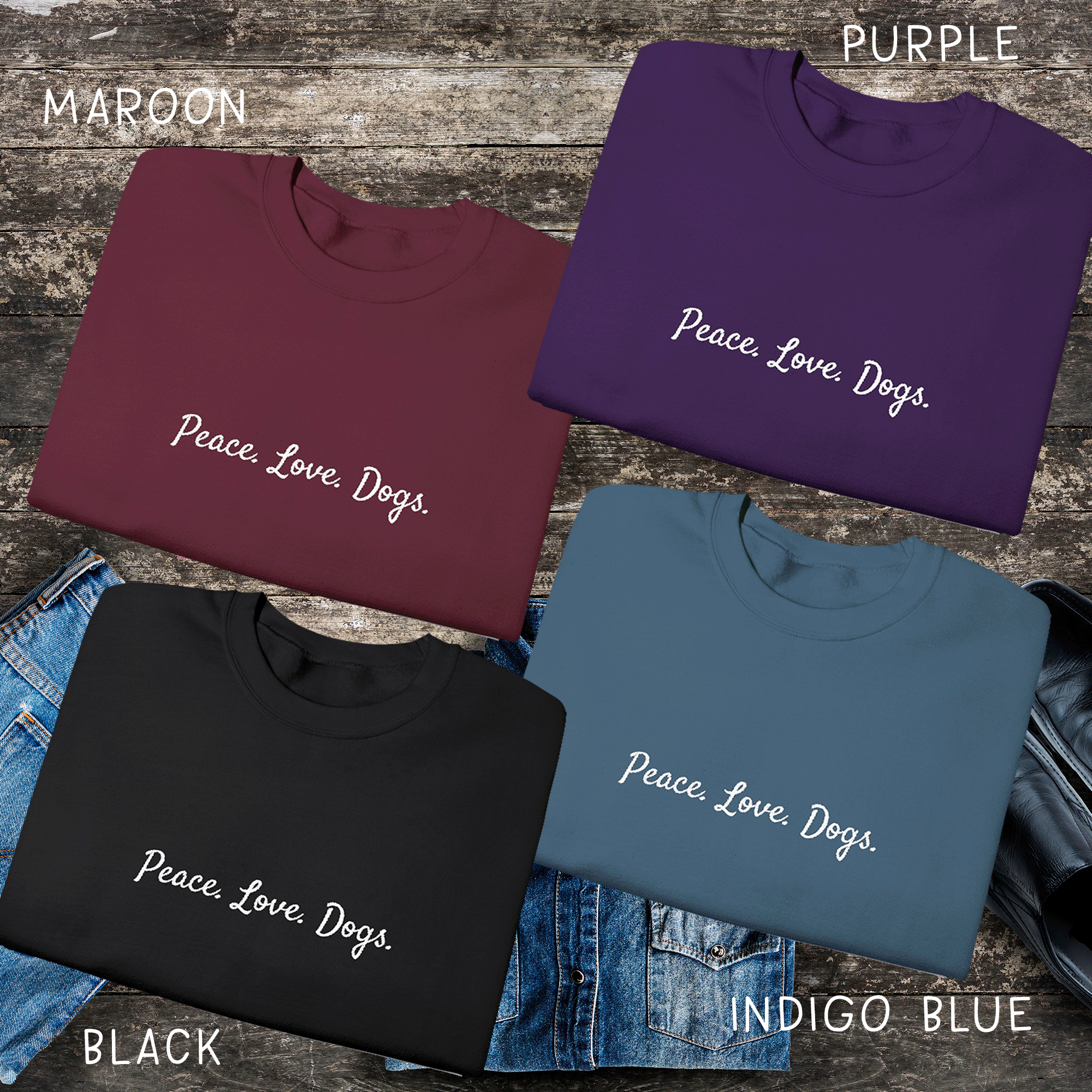 Embroidered Peace Love Dogs Crewneck Sweatshirt