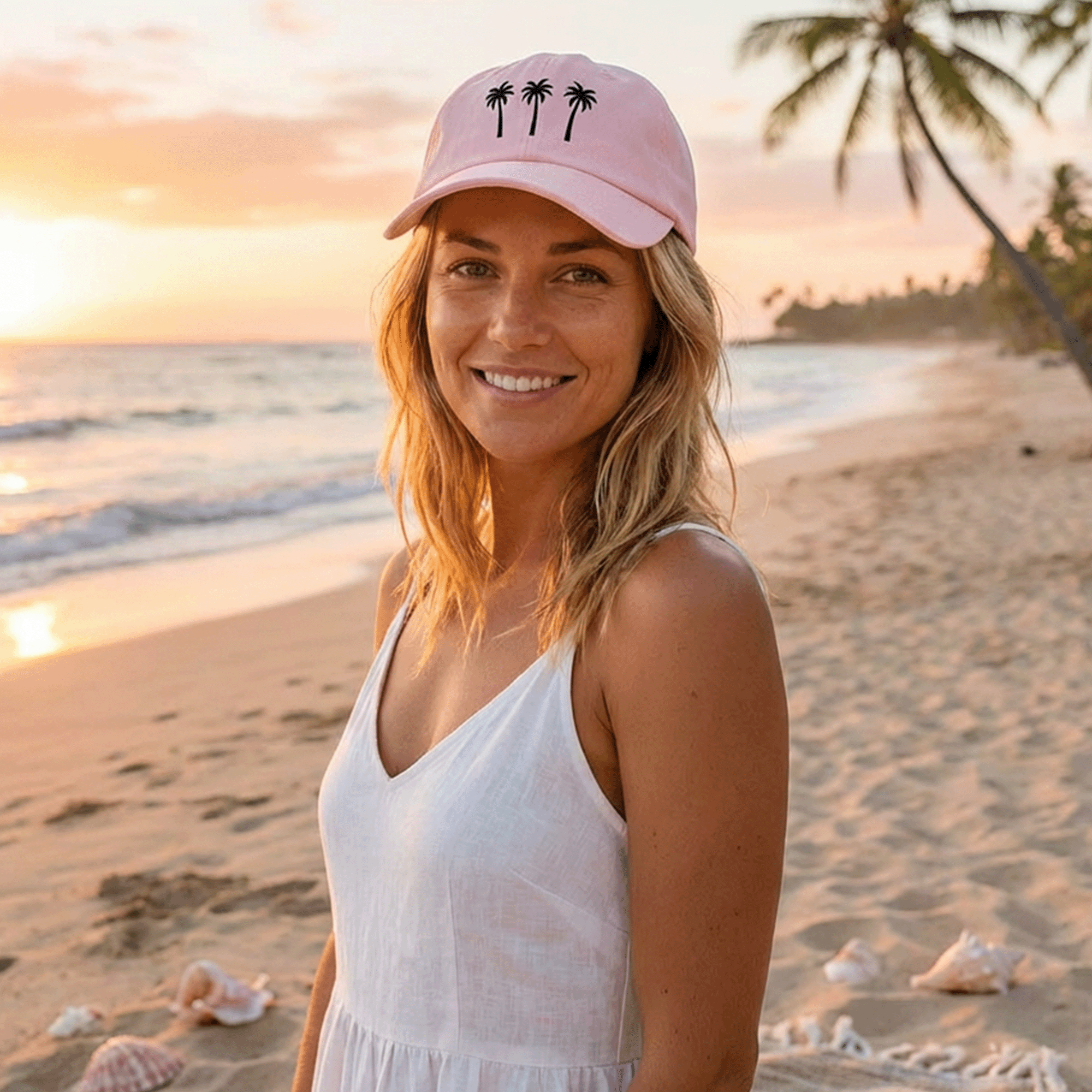 Embroidered Palm Trees Pastel Summer Cap