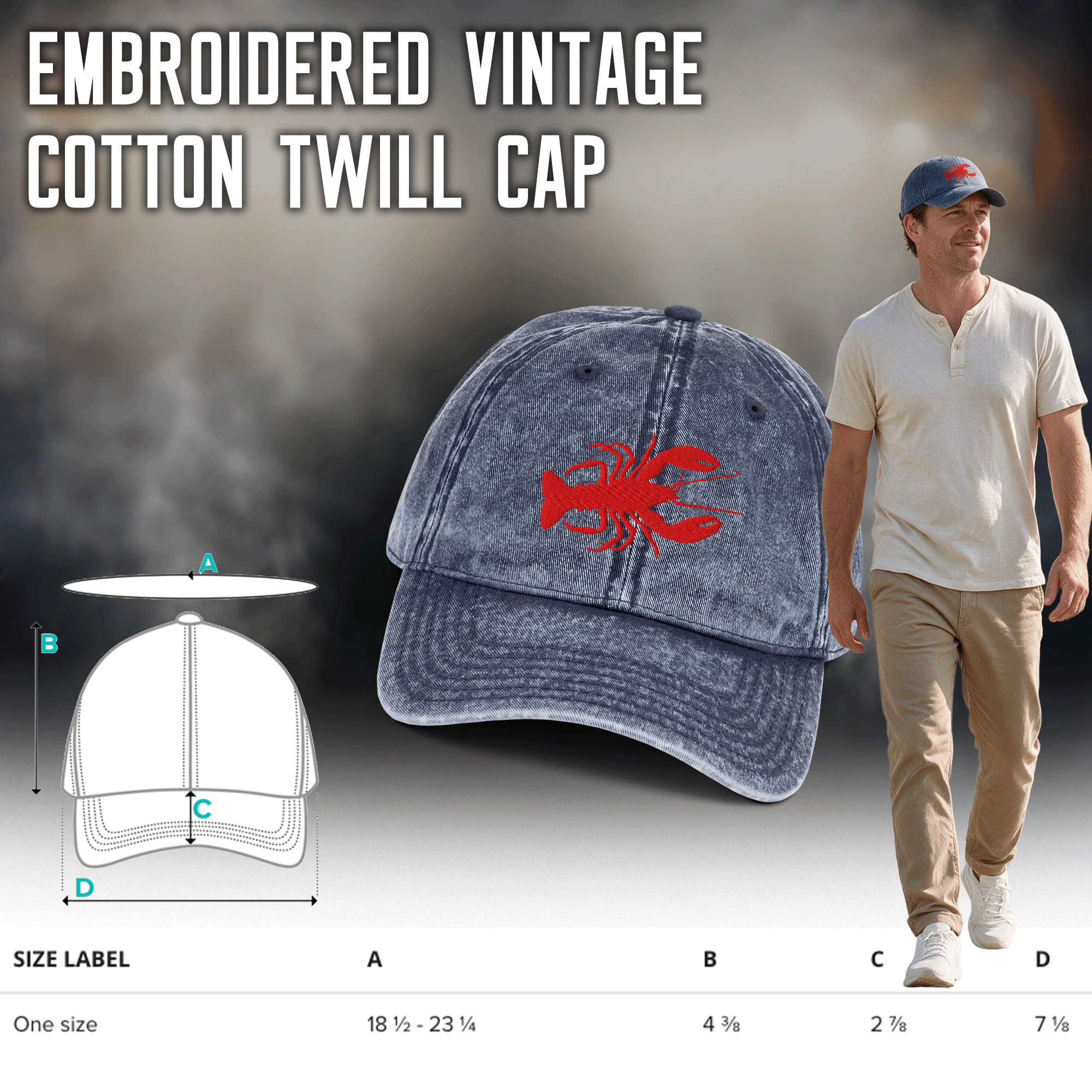 Embroidered Red Lobster Vintage Cotton Twill Cap