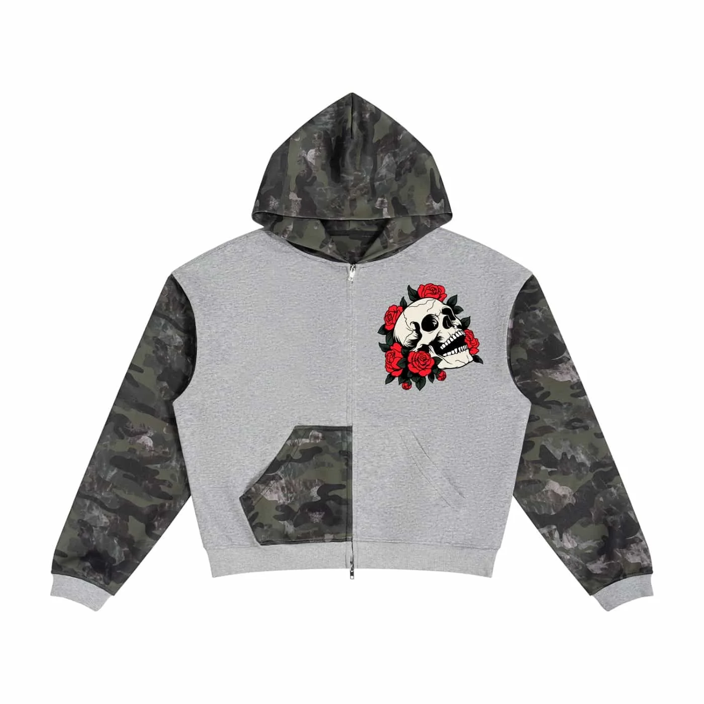 Skull & Roses Unisex Colorblock Camo Full Zip Boxy Hoodie