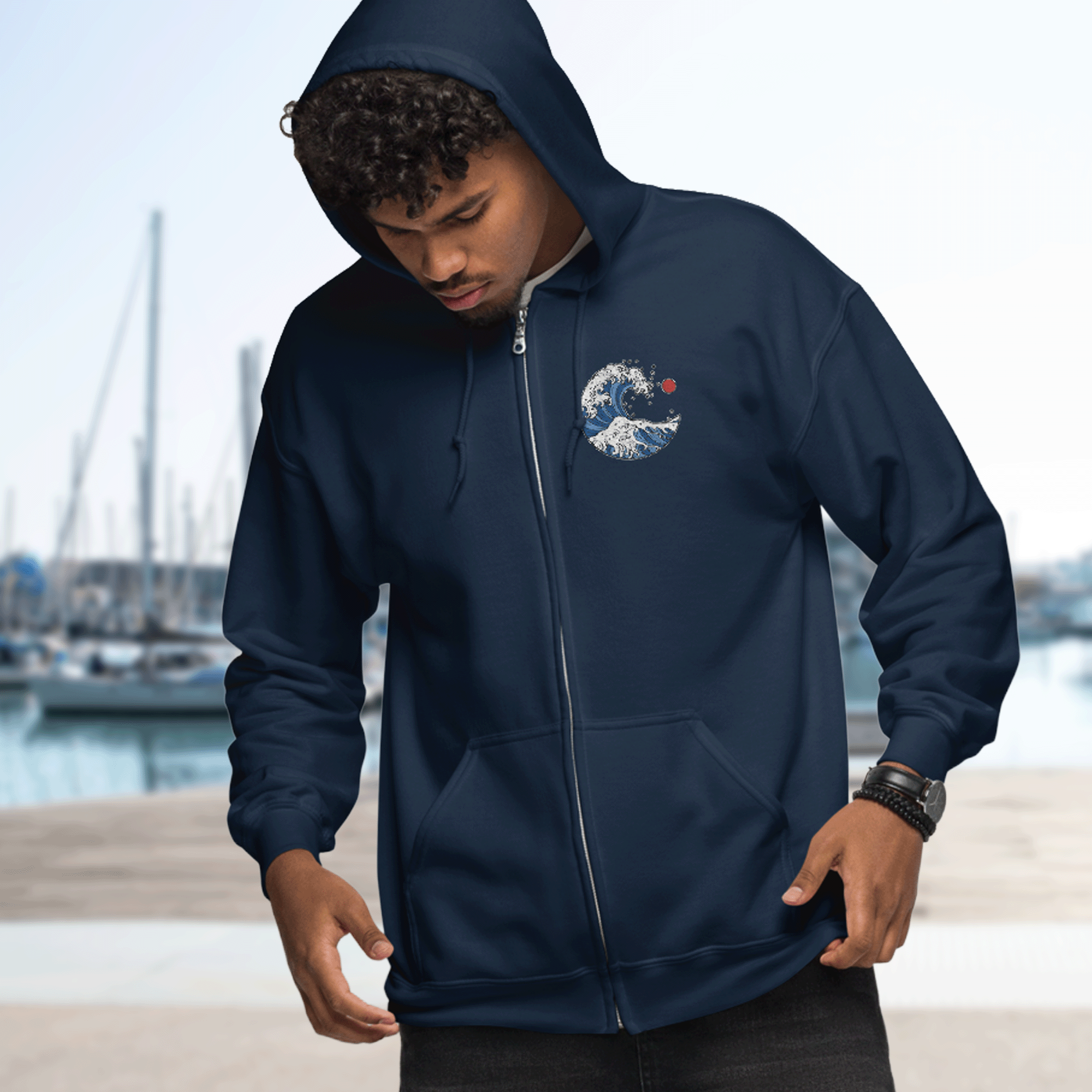 Japanese-Style Ocean Wave Zip Up Hoodie