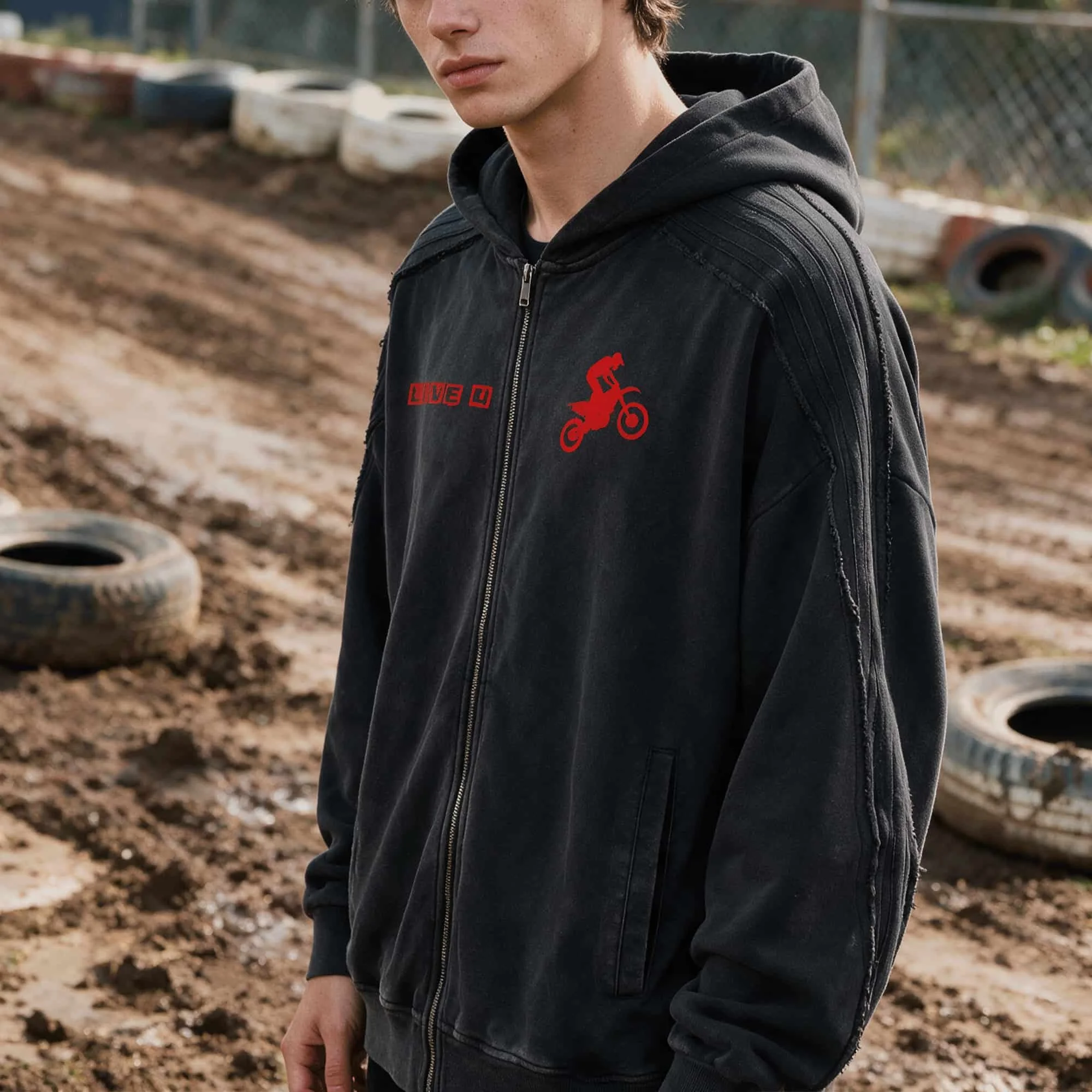 Live 4 Motocross Snow Washed Raw Edge Shoulder Stripes Zip Up Hoodie