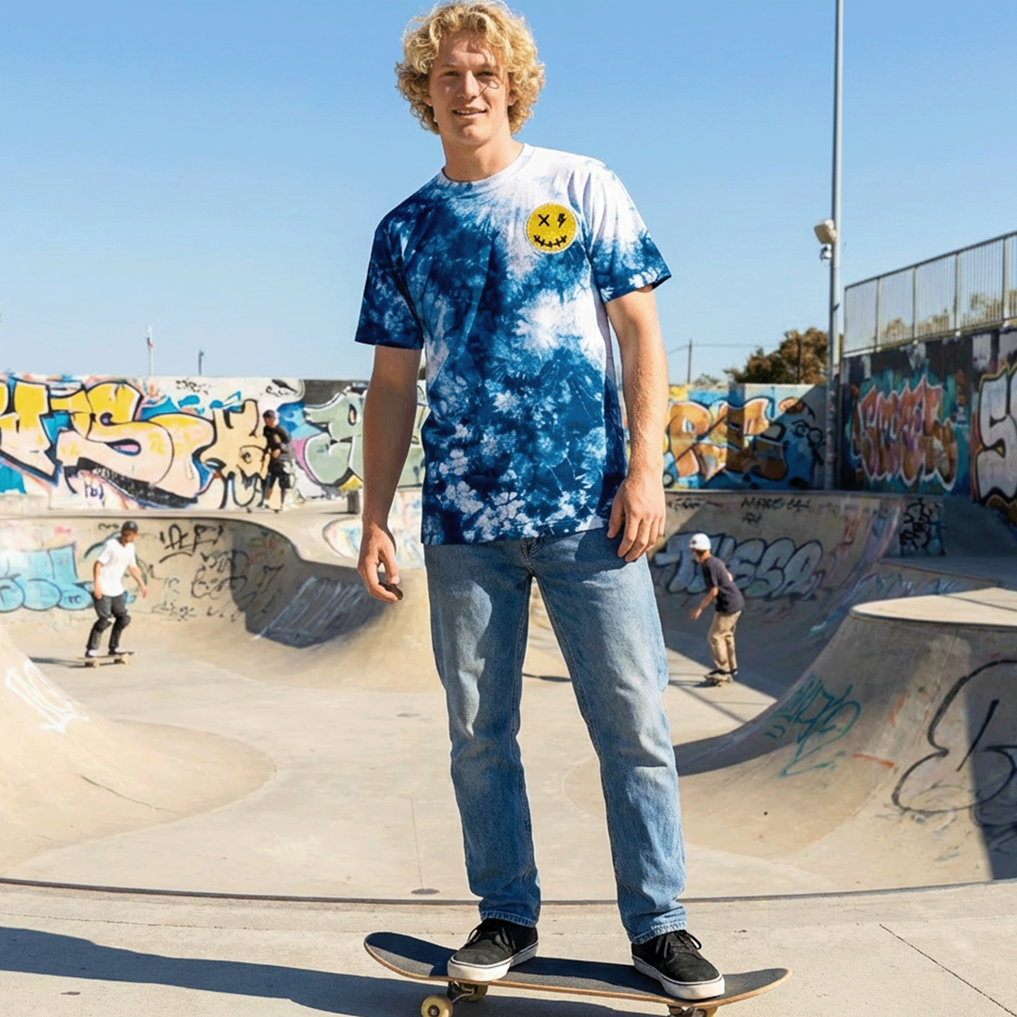 A young man with curly blonde hair wearing a blue tie-dye shirt with a yellow smiley face patch and jeans, standing on a skateboard at a skate park with graffiti-covered walls, a clear blue sky, and a few other skateboarders in the background.