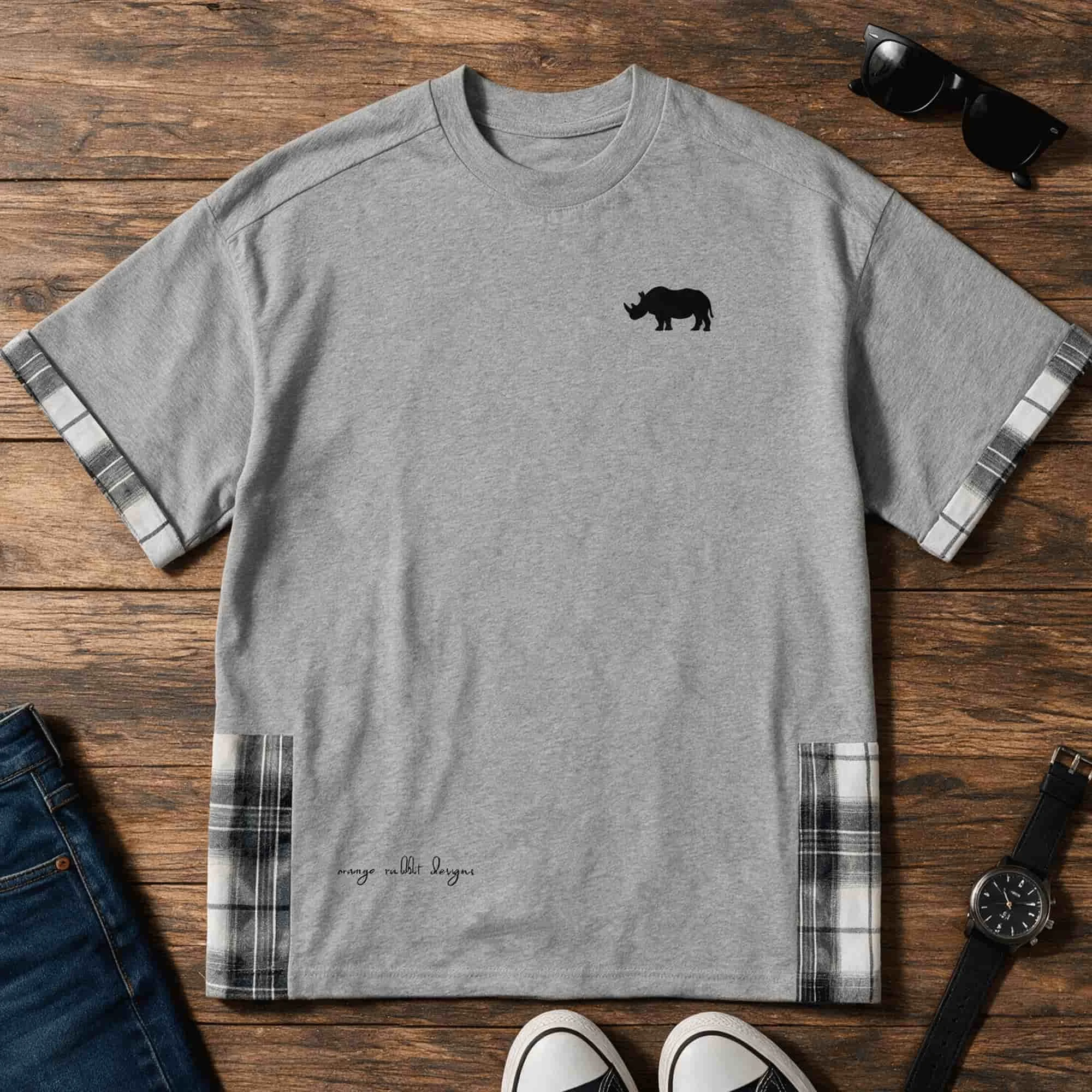 Rhino Unisex Plaid Paneled Orange Rabbit T-Shirt