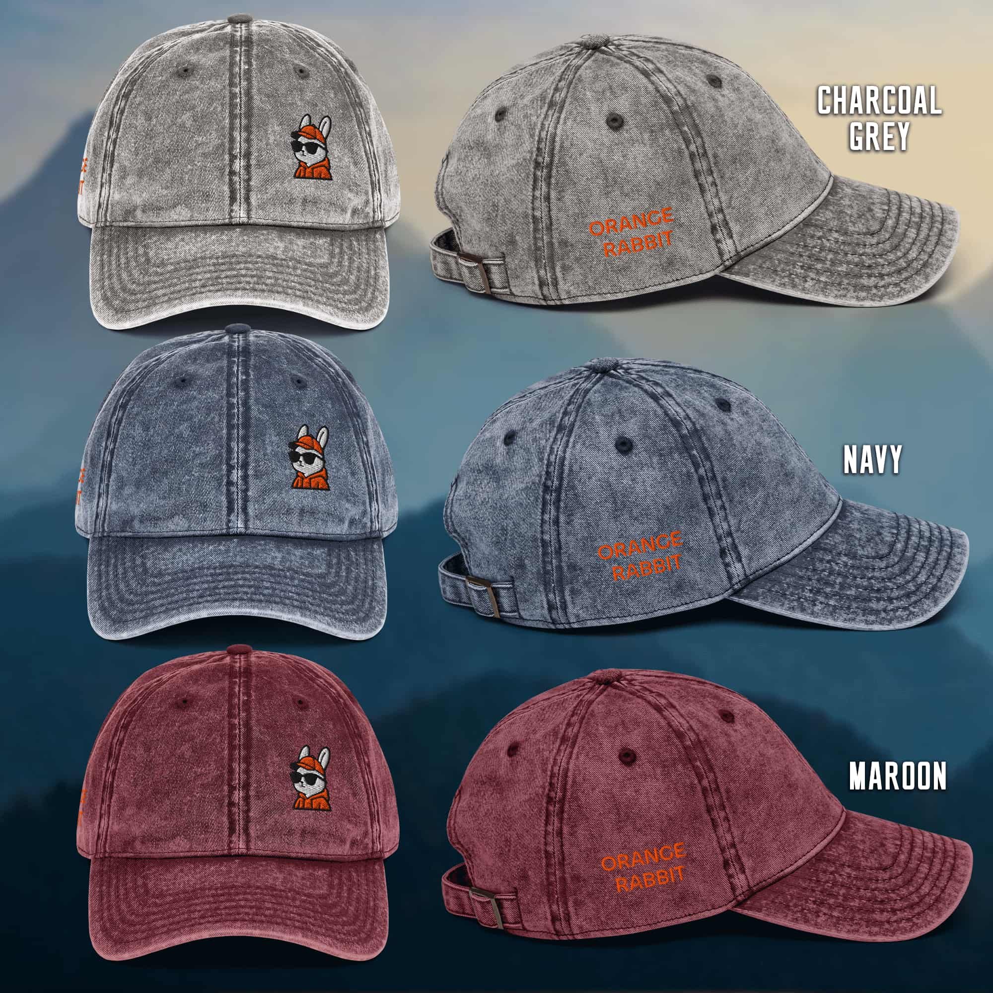 Embroidered Orange Rabbit Vintage Cotton Twill Cap