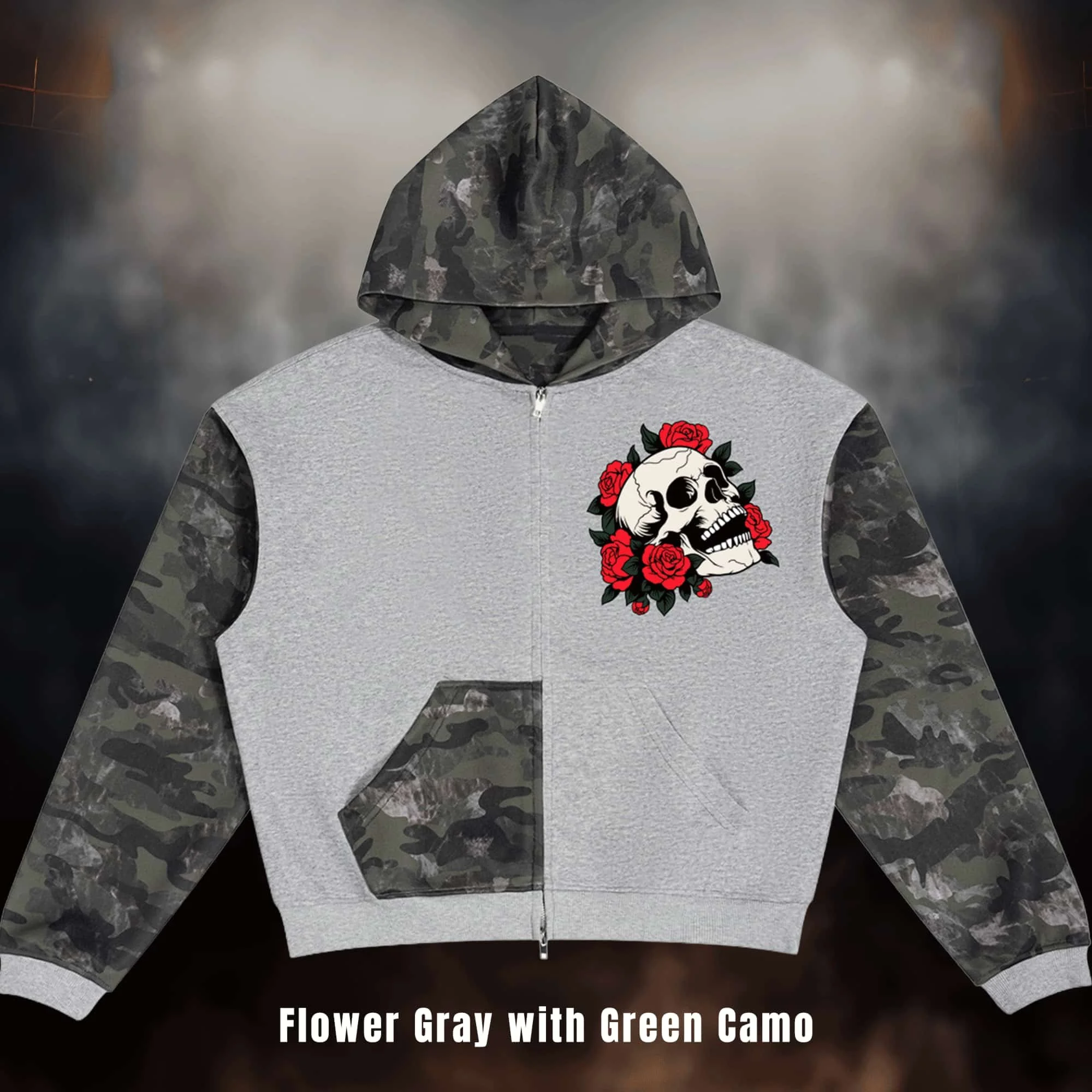 Skull & Roses Unisex Colorblock Camo Full Zip Boxy Hoodie