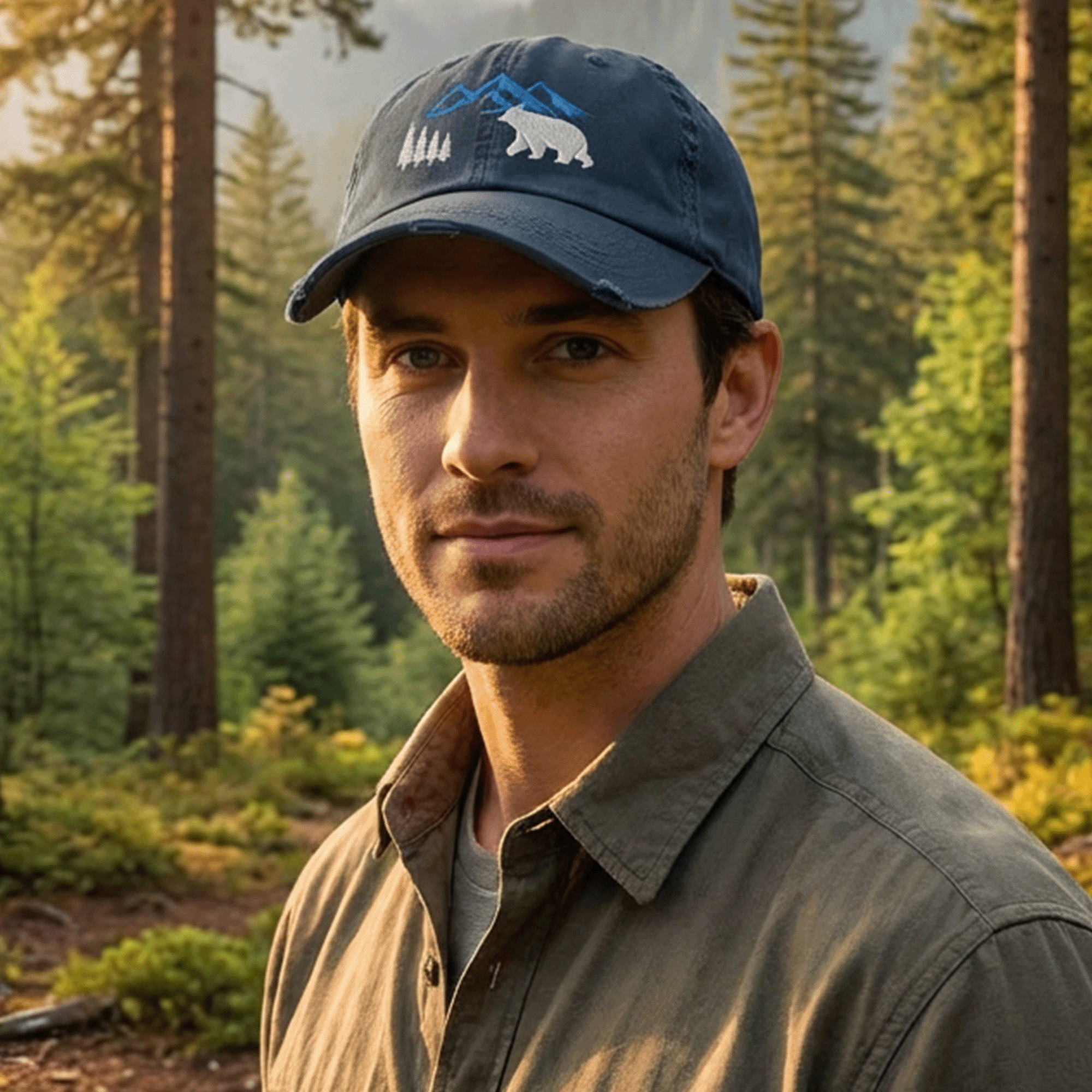 Embroidered Mountain Bear Distressed Dad Hat