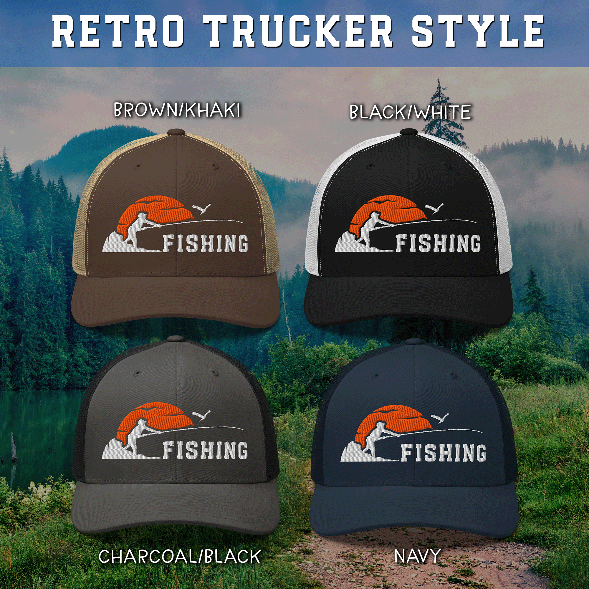Embroidered Sunset Fishing Retro Trucker Hat