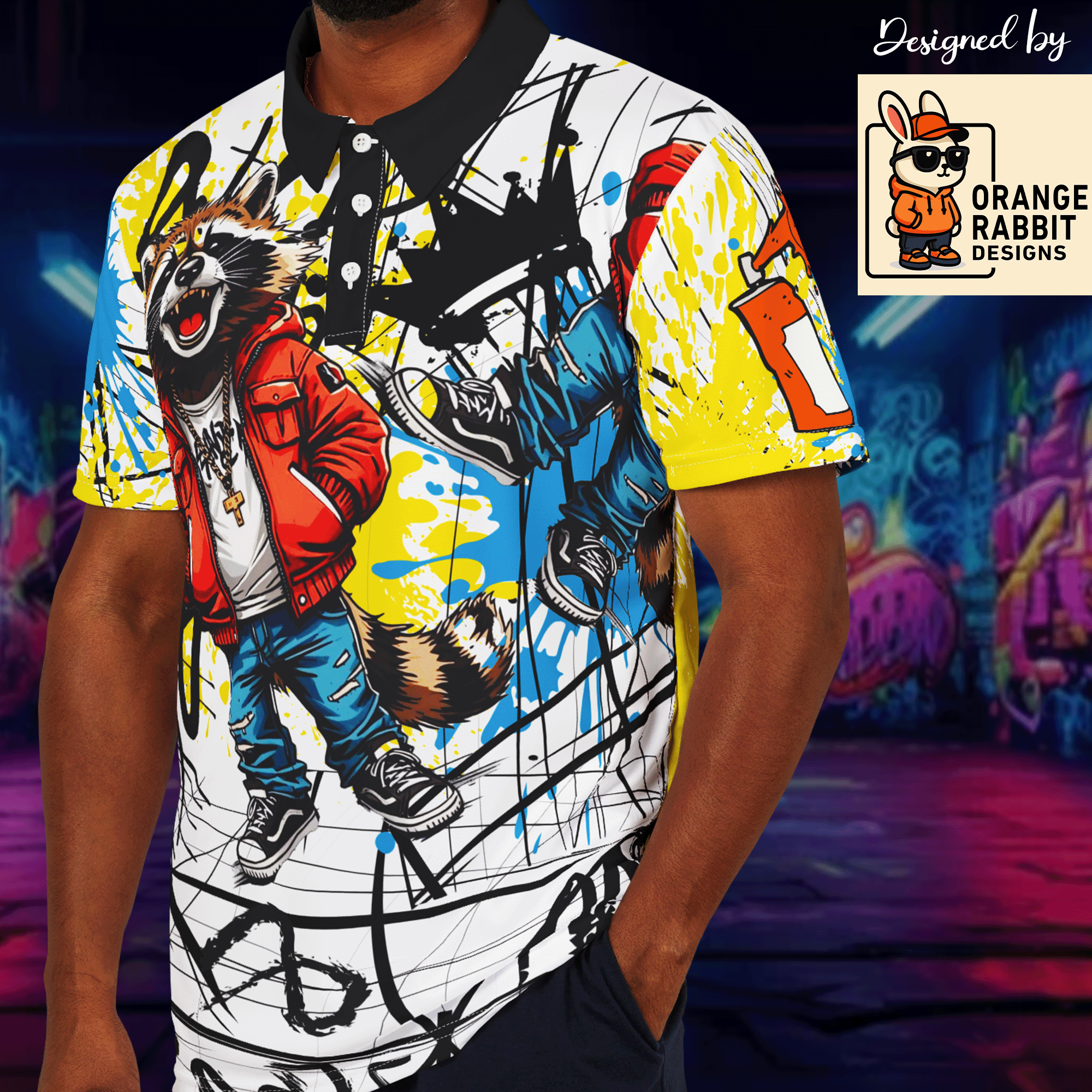 Graffiti Streetwear Raccoon Polo Shirt