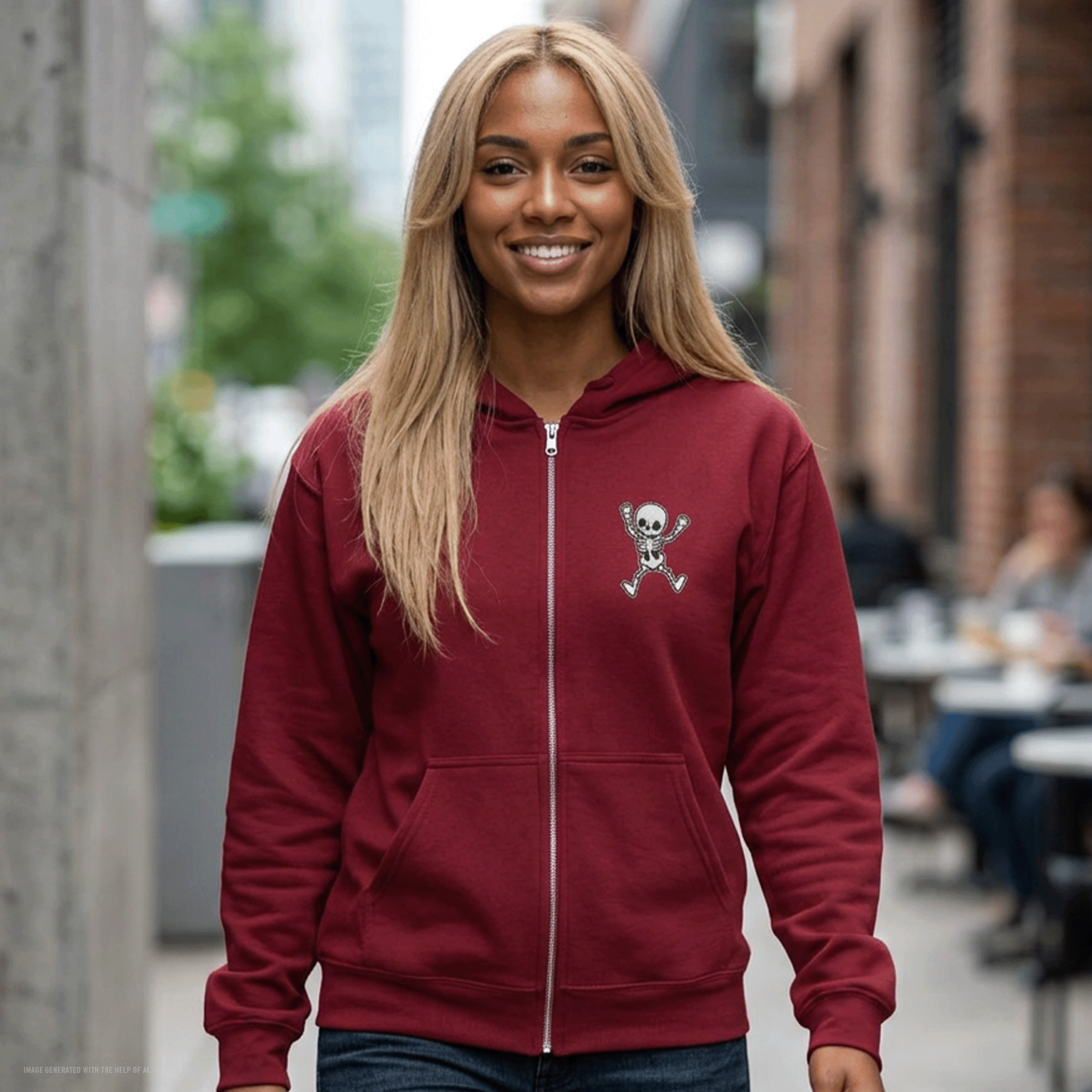 Embroidered Halloween Funny Skeleton Zip Up Hoodie
