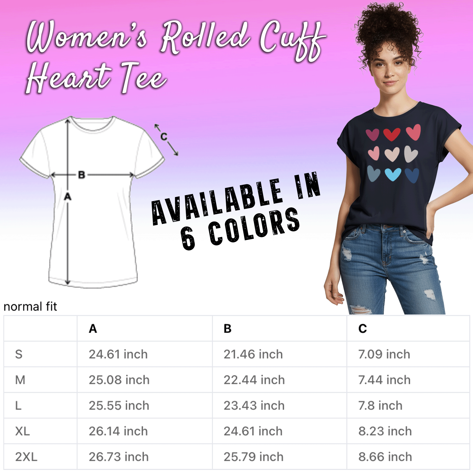 Women's Colored Hearts Roll Cuff T-Shirt