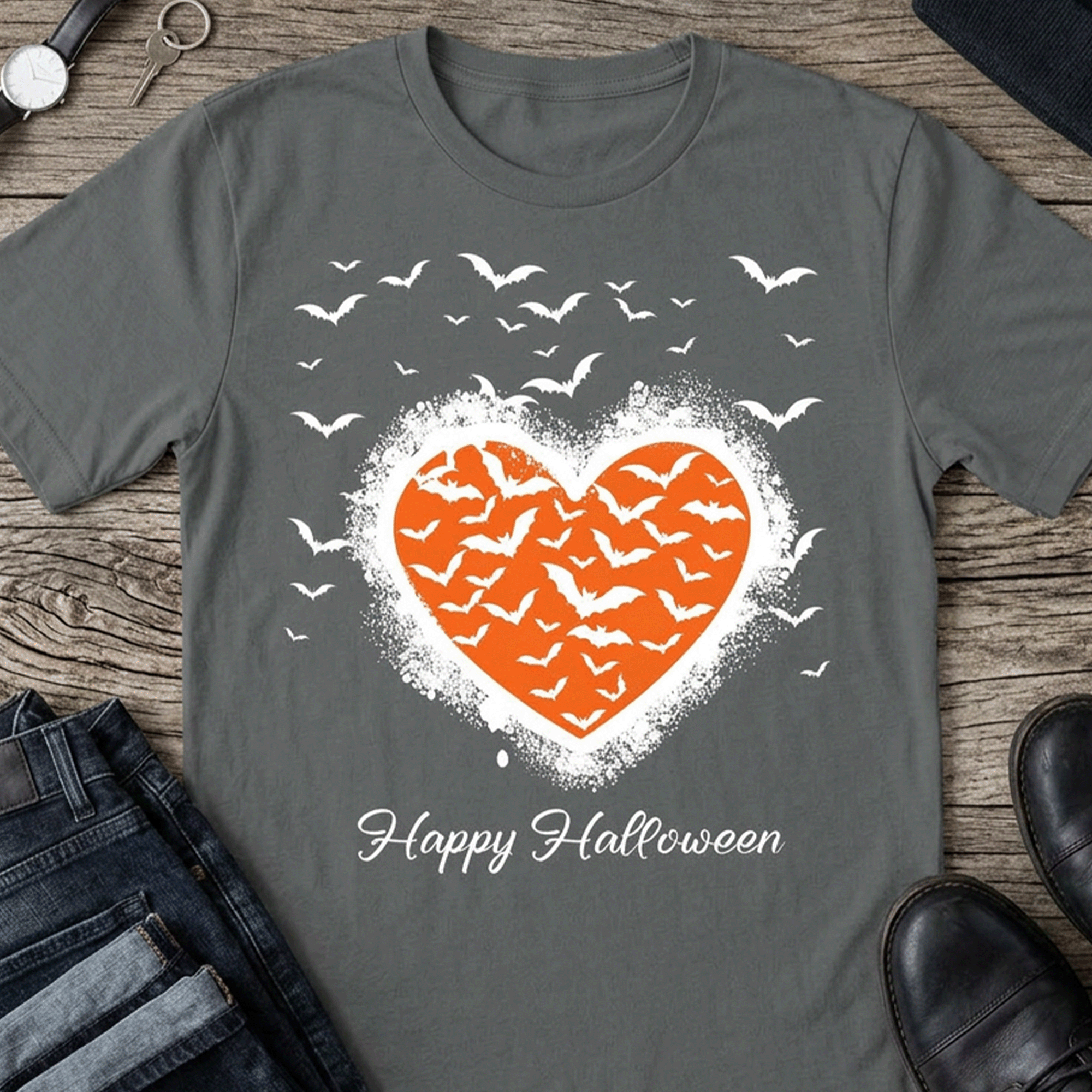 Halloween Bat Graffiti Heart Recycled Cotton T‑Shirt