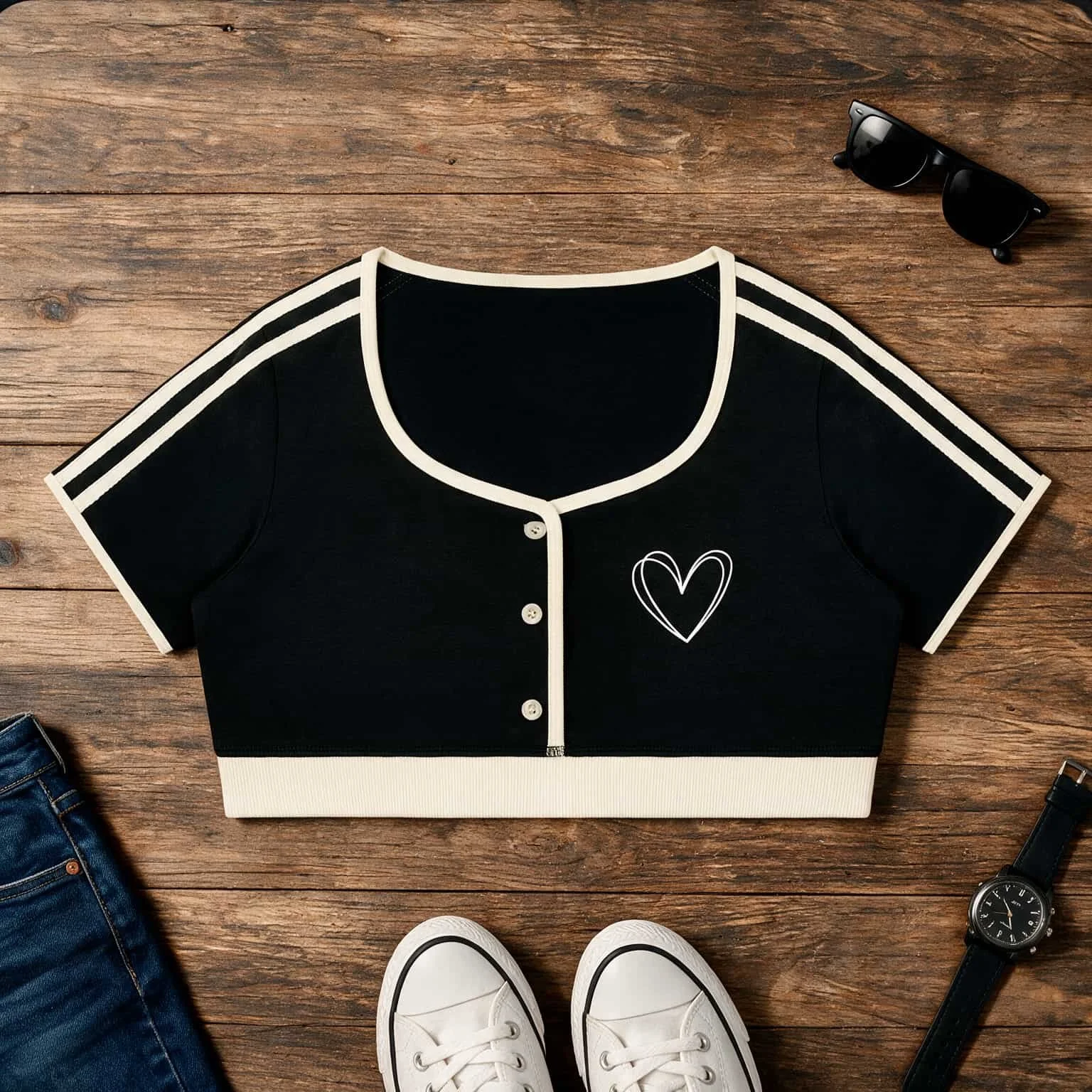 Women’s Hearts Color Block Crop T-Shirt