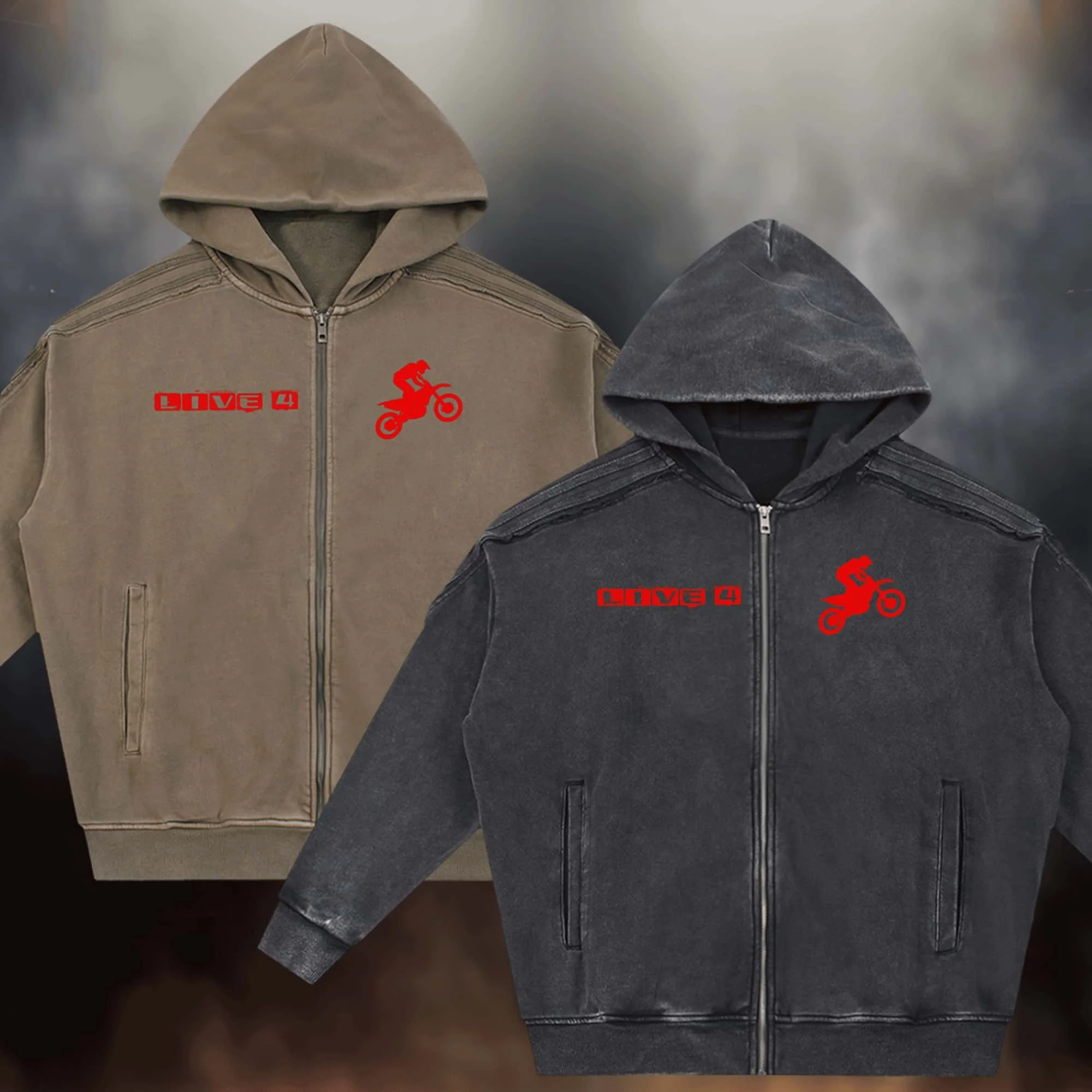 Live 4 Motocross Snow Washed Raw Edge Shoulder Stripes Zip Up Hoodie