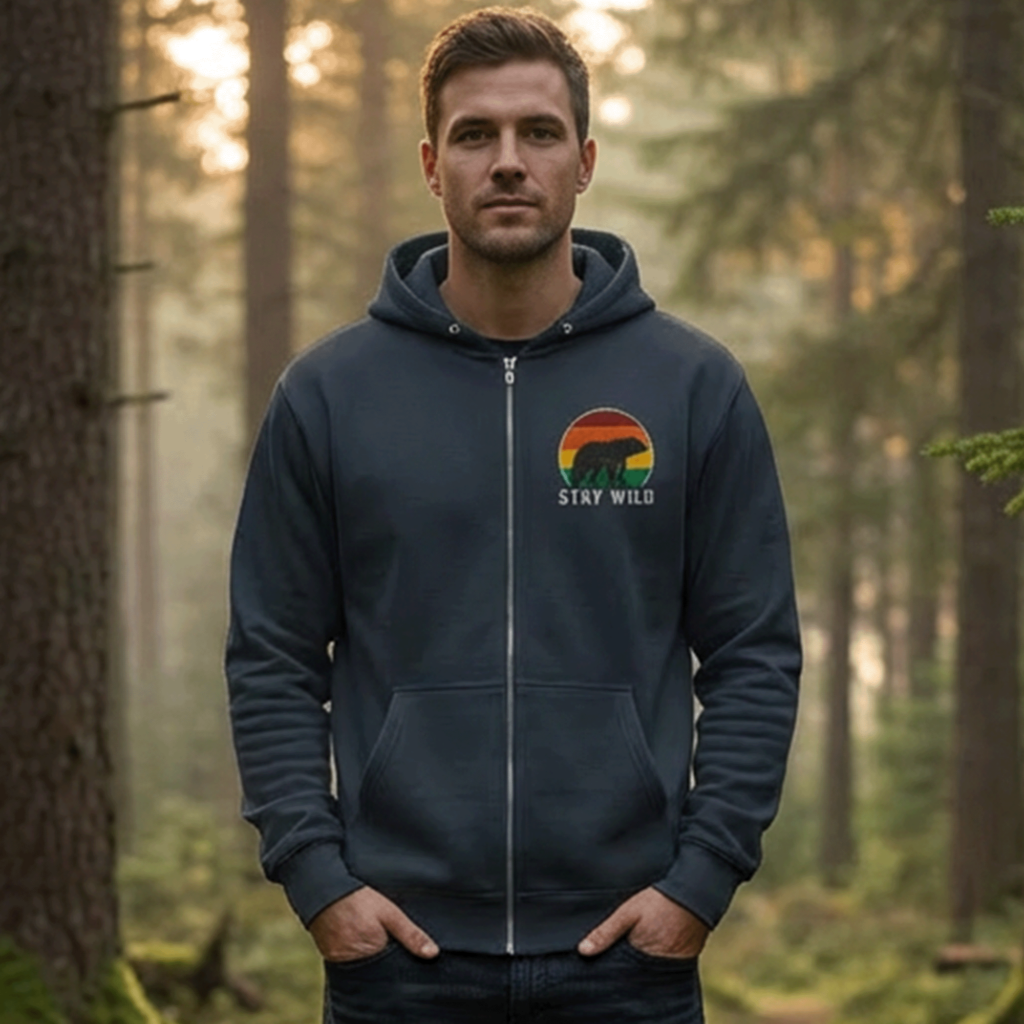 Embroidered Stay Wild Bear Full Zip Hoodie