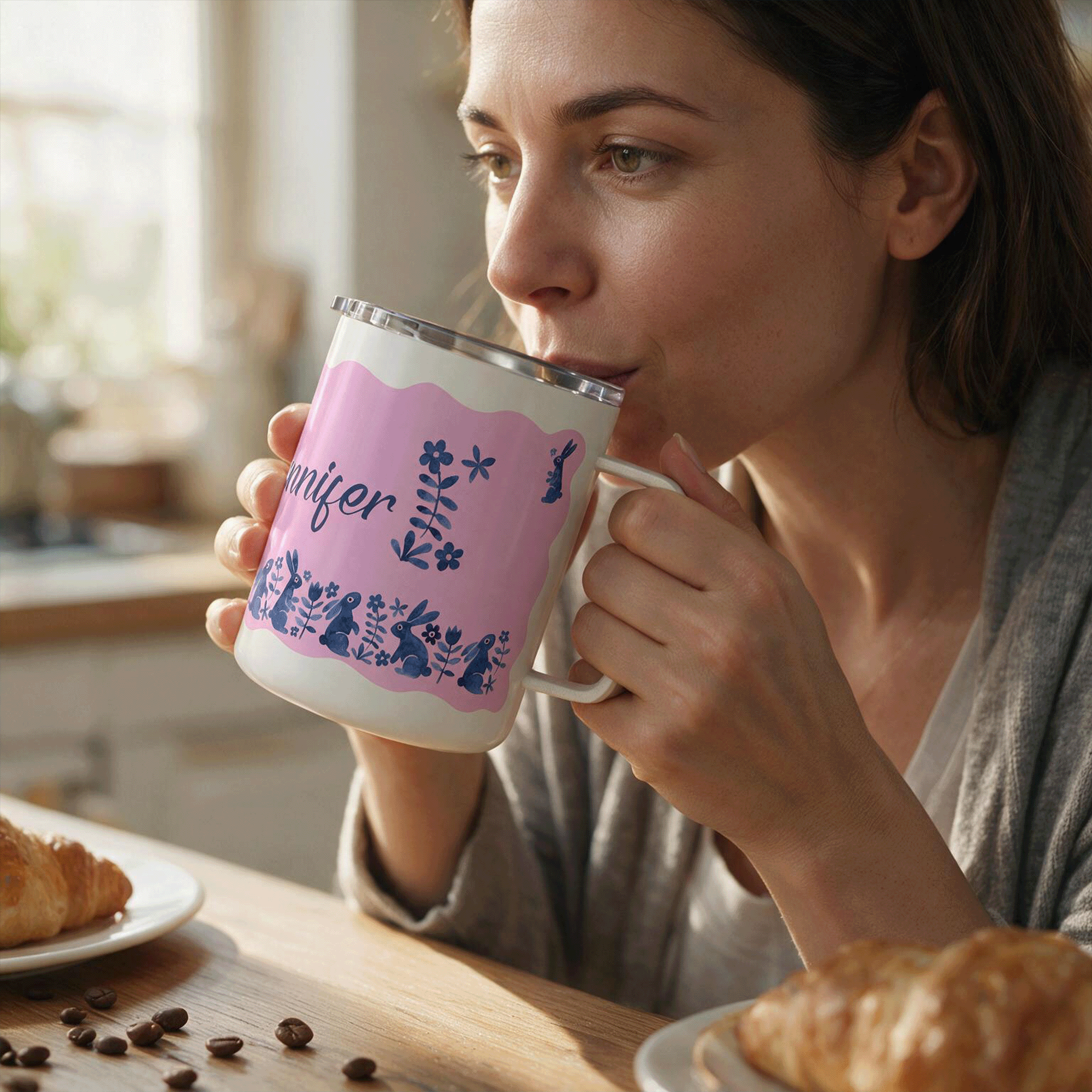 Personalized Blue Bunny Folk Art Insulated Coffee Mug