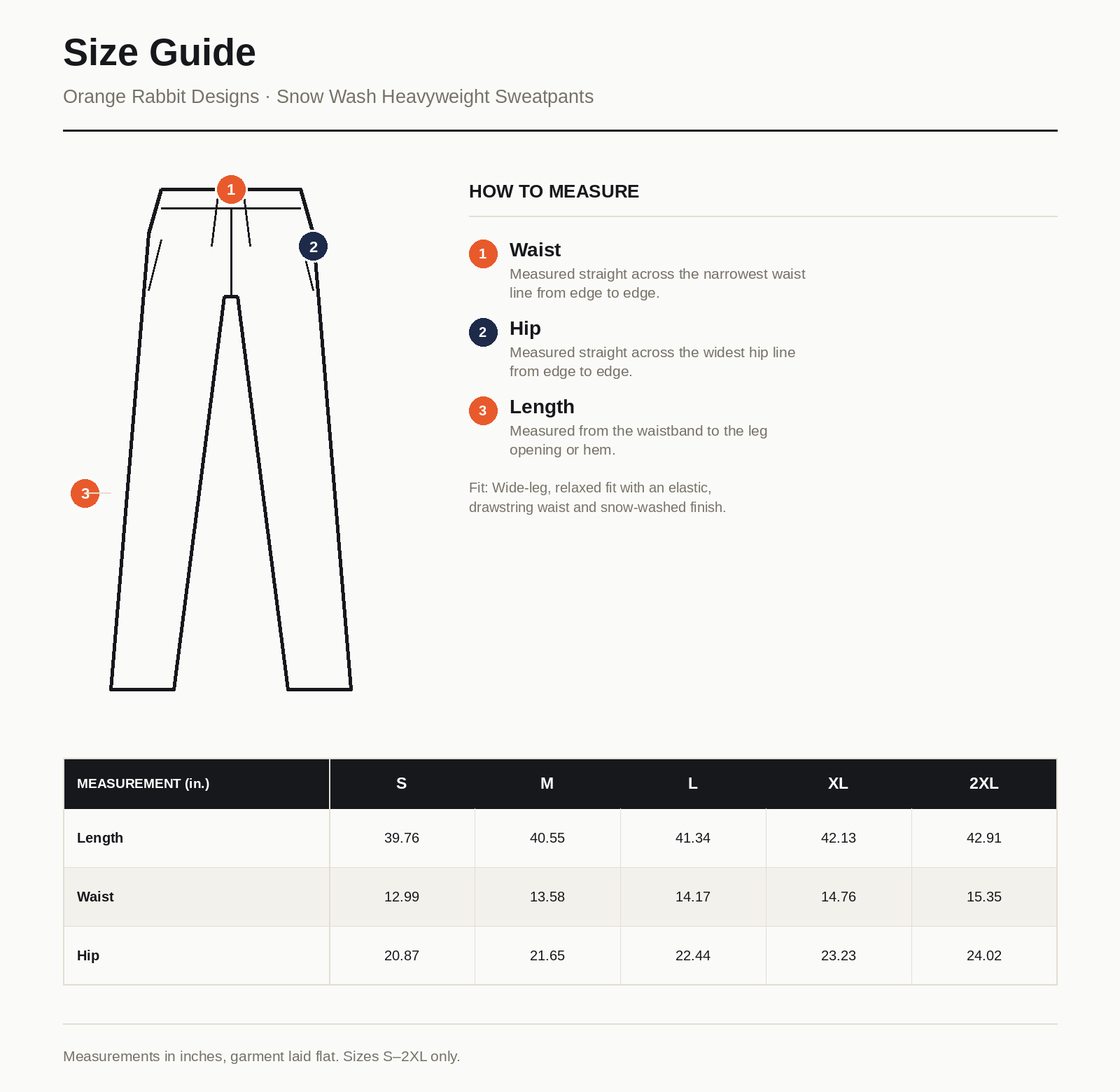 Orange Rabbit Sizing chart