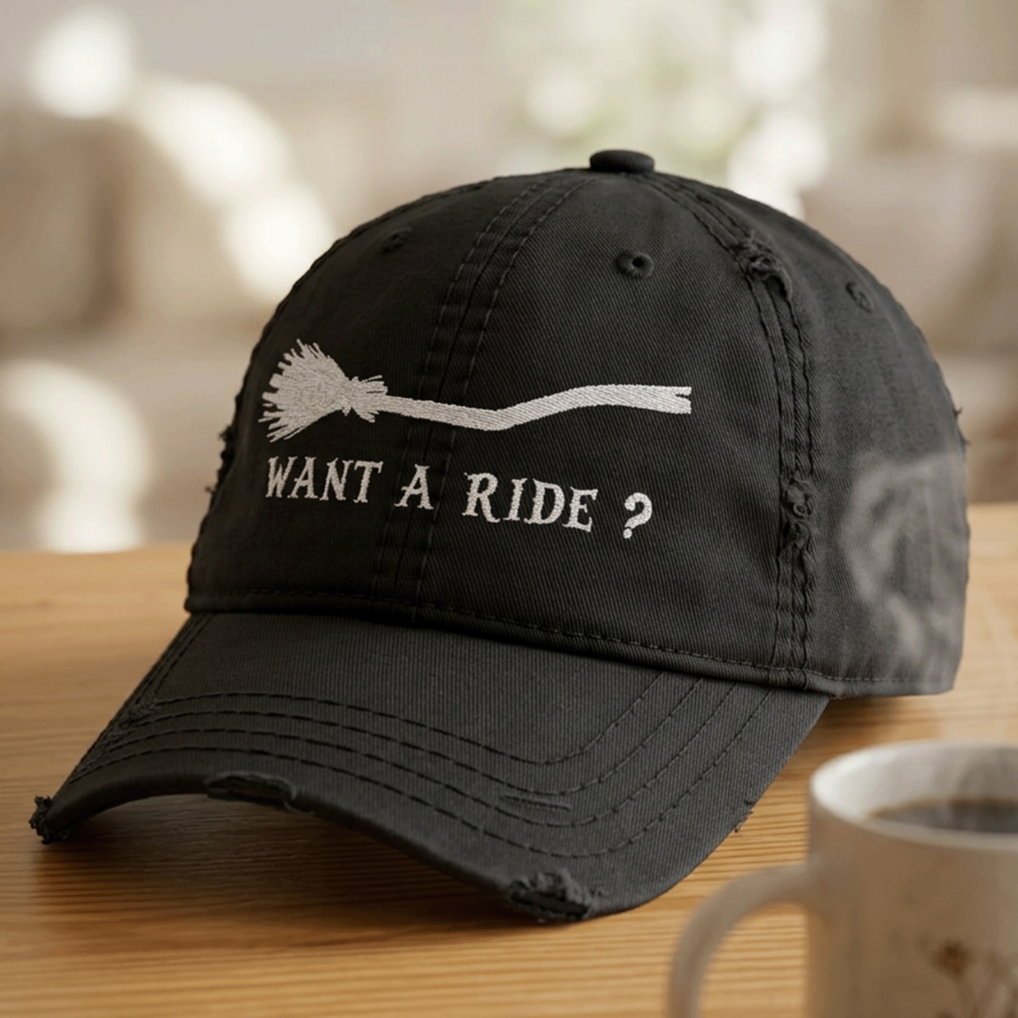 Embroidered Halloween Witch Broom Distressed Dad Hat