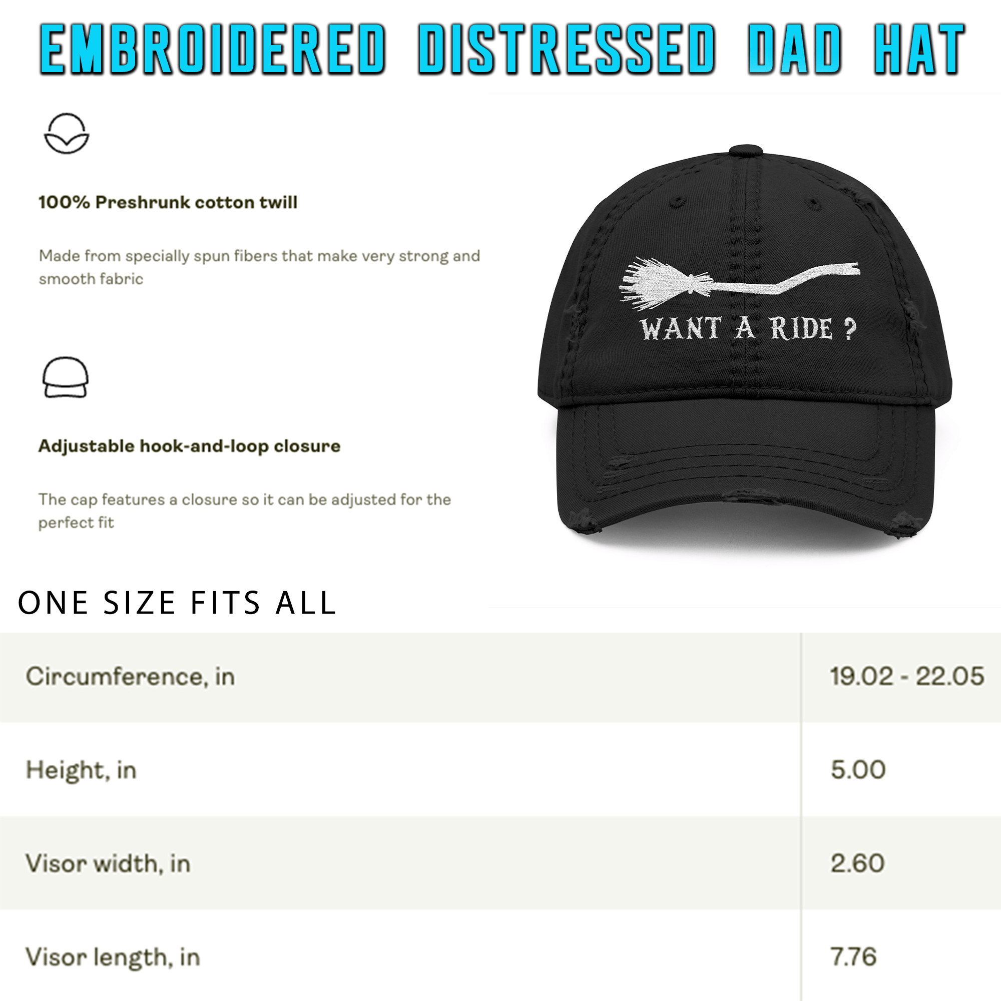 Embroidered Halloween Witch Broom Distressed Dad Hat