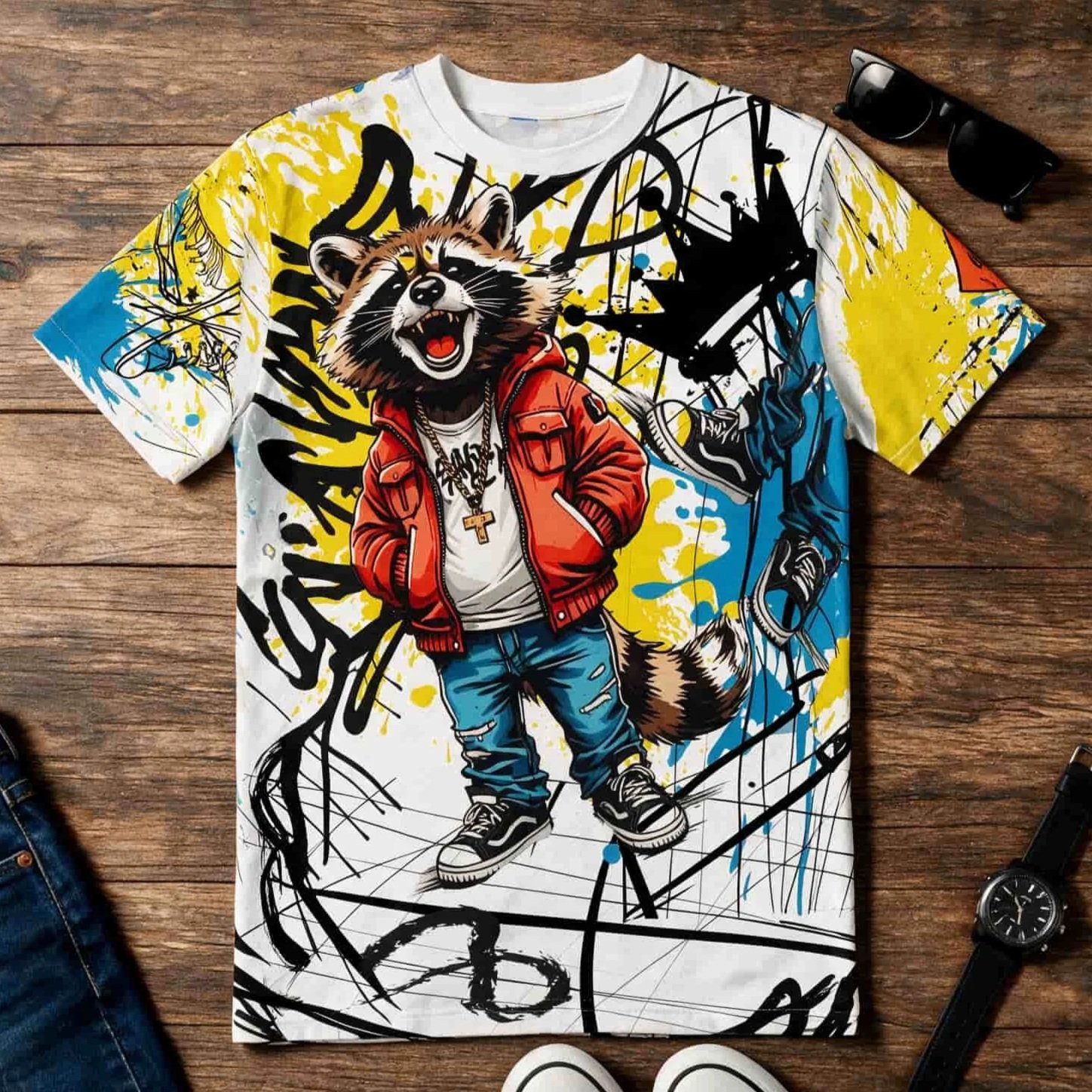 Graffiti Raccoon Streetwear All-Over Print Tee