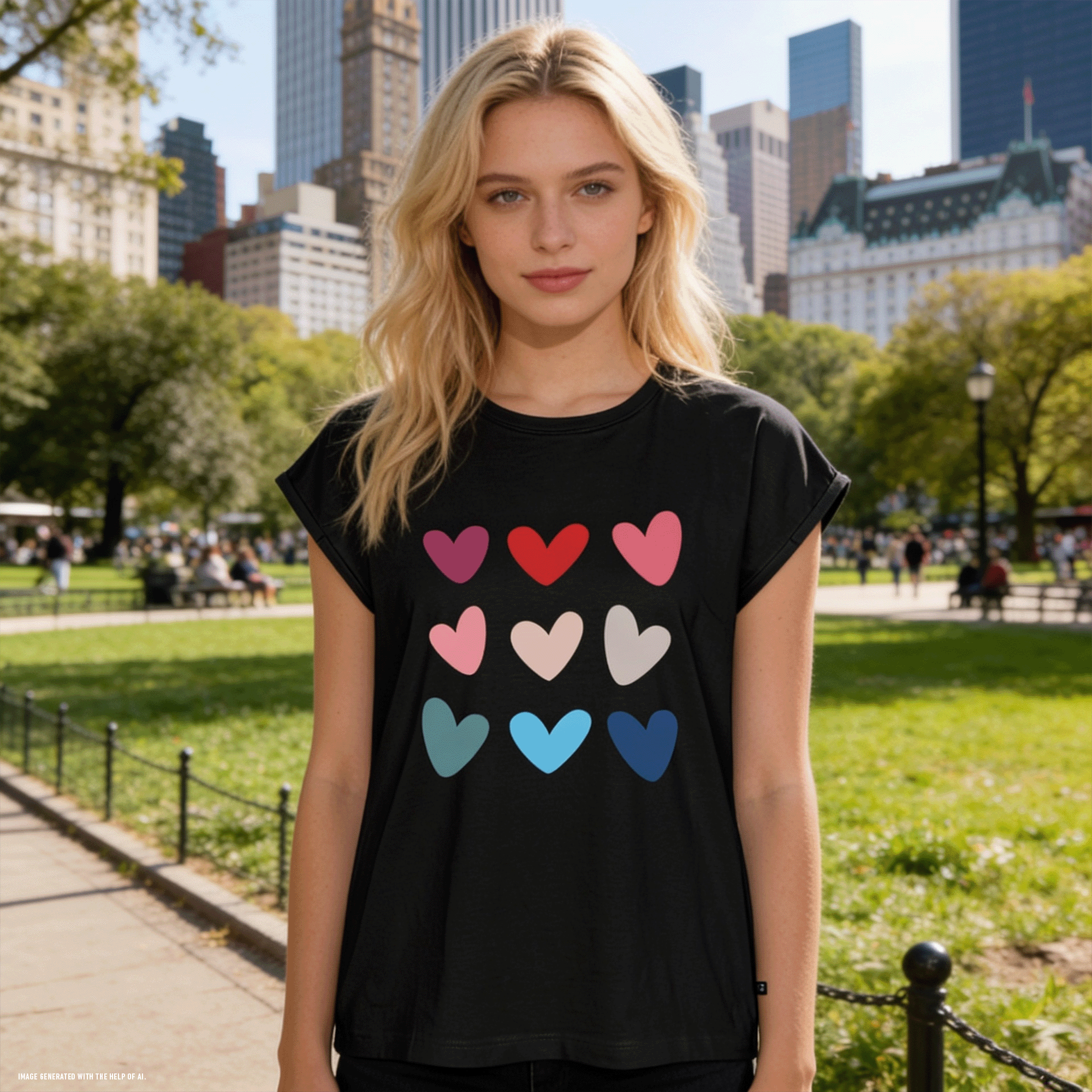 Women's Colored Hearts Roll Cuff T-Shirt