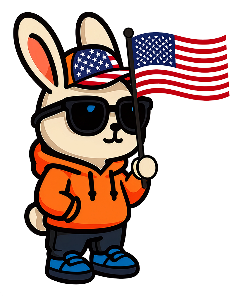 Cartoon bunny wearing sunglasses, an American flag bandana, and a hoodie, holding a small American flag.