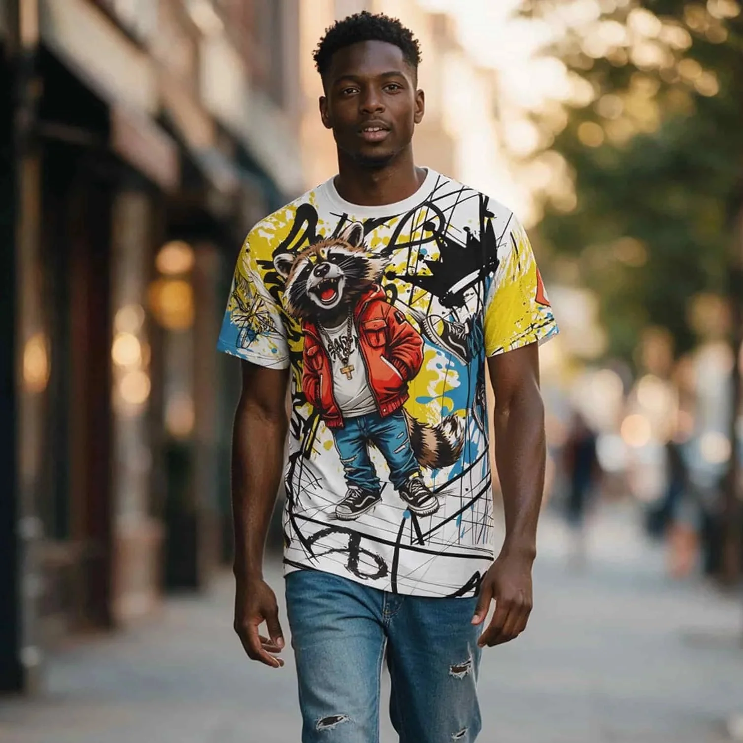Graffiti Raccoon Streetwear All-Over Print Tee