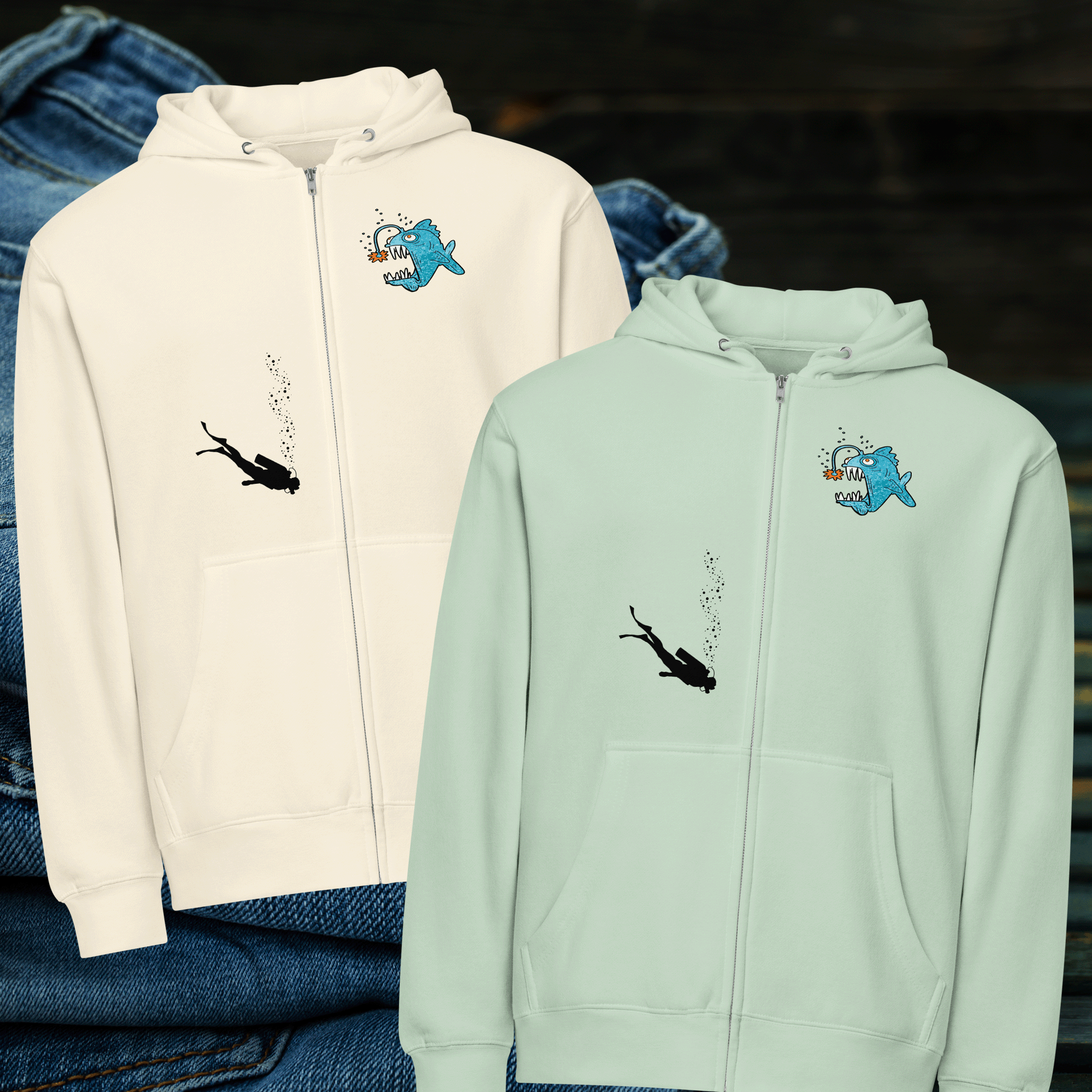 Funky Fish and Scuba Diver Unisex Full Zip Hoodie Jacket
