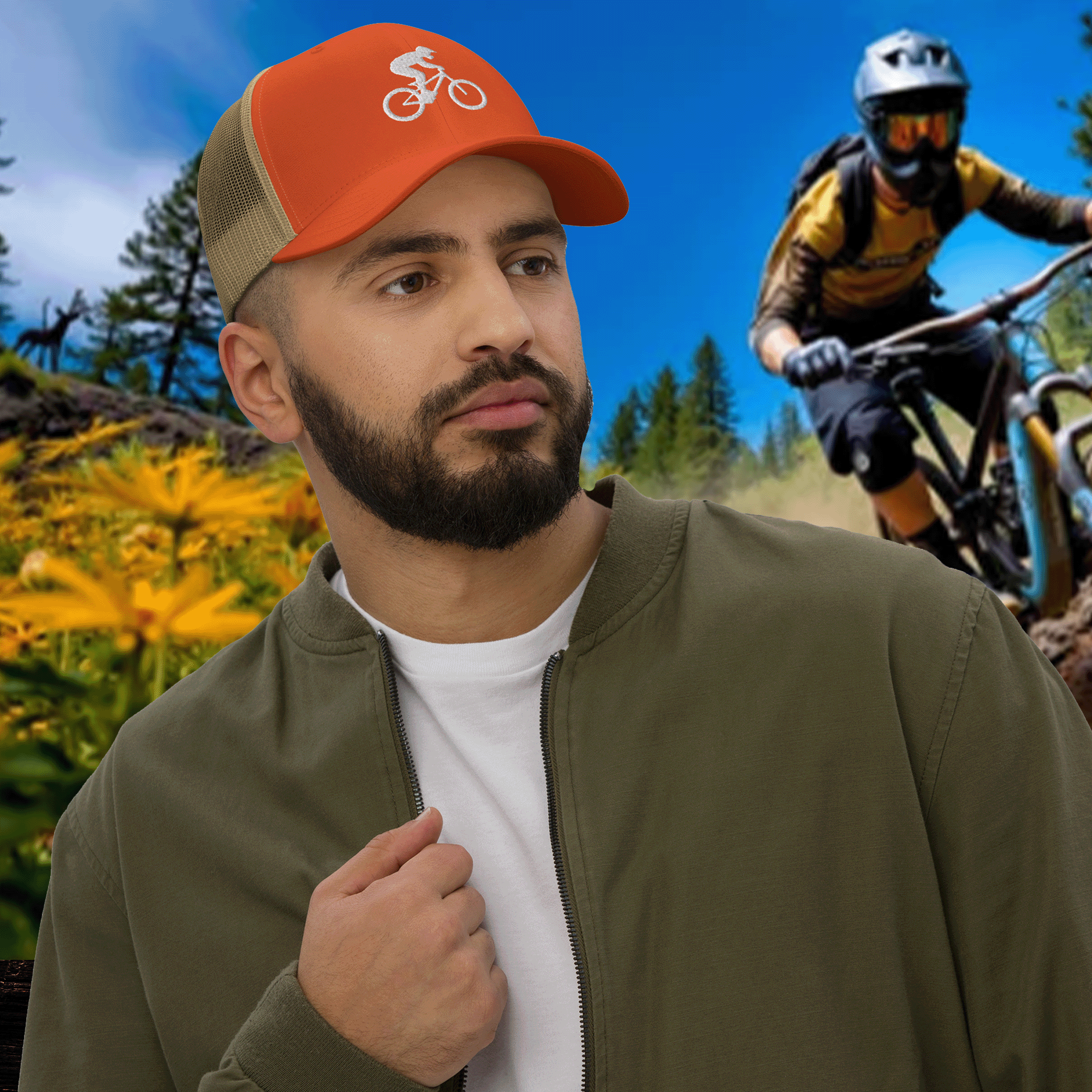 Embroidered Mountain Biker Retro Trucker Cap
