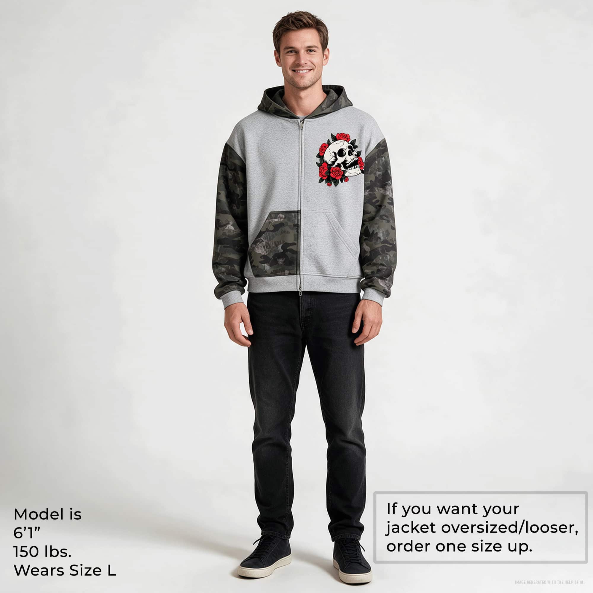 Skull & Roses Unisex Colorblock Camo Full Zip Boxy Hoodie