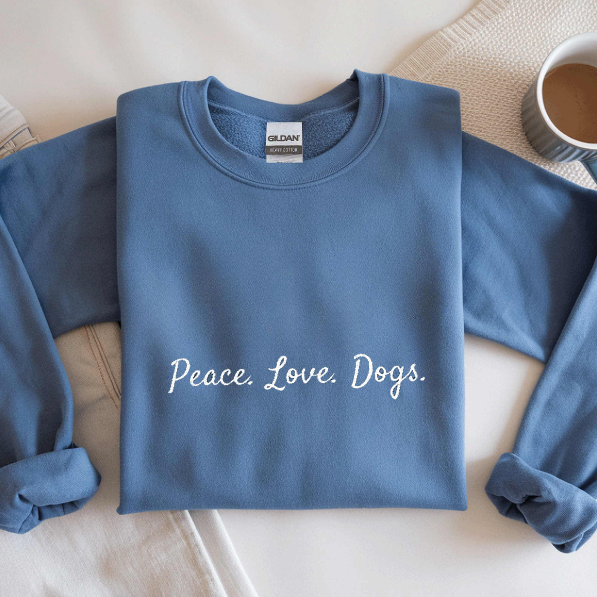 Embroidered Peace Love Dogs Crewneck Sweatshirt